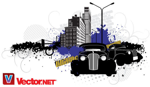 City Street Vector Art with Vintage Cars