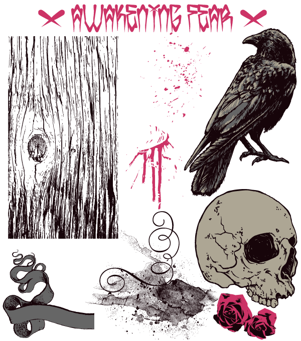 Free T-Shirt Design with Skull, Scroll, Splatter, Crow, Rose and Wood Texture