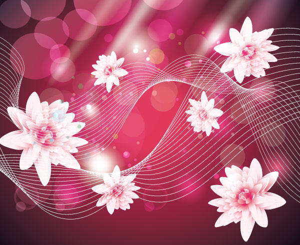 Abstract Wave Background with Pink Flowers Vector Free