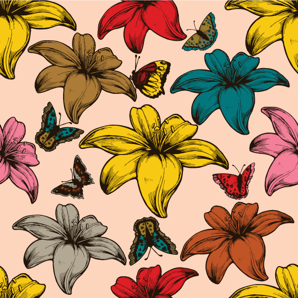Free Flowers and Butterflies Vector Seamless Pattern
