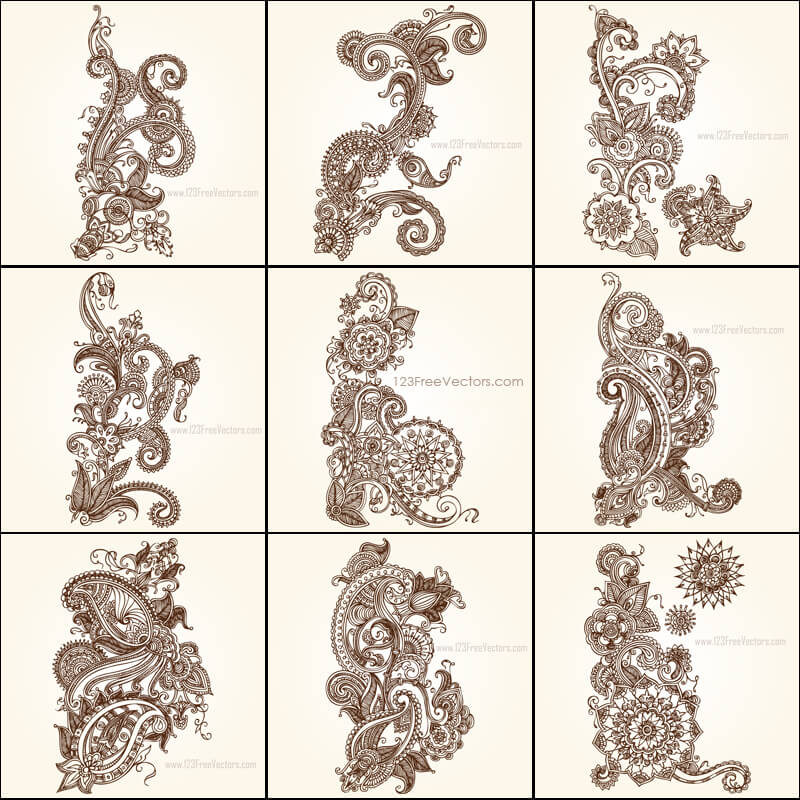 Hand Drawn Paisley Flower Designs Vector Pack
