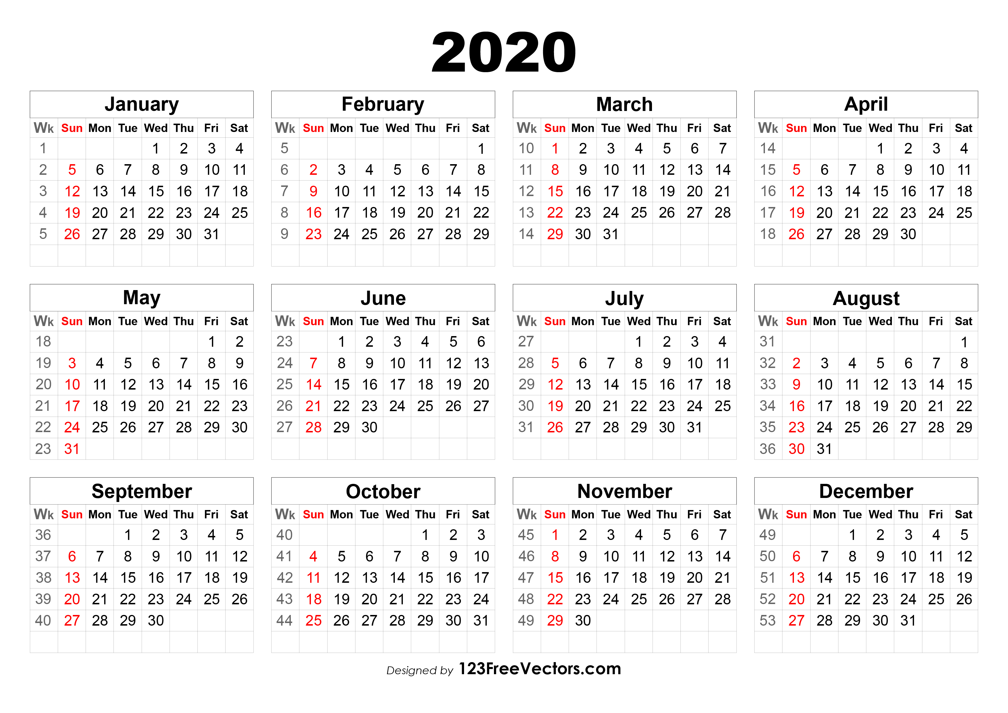 Free 2020 Calendar With Week Numbers