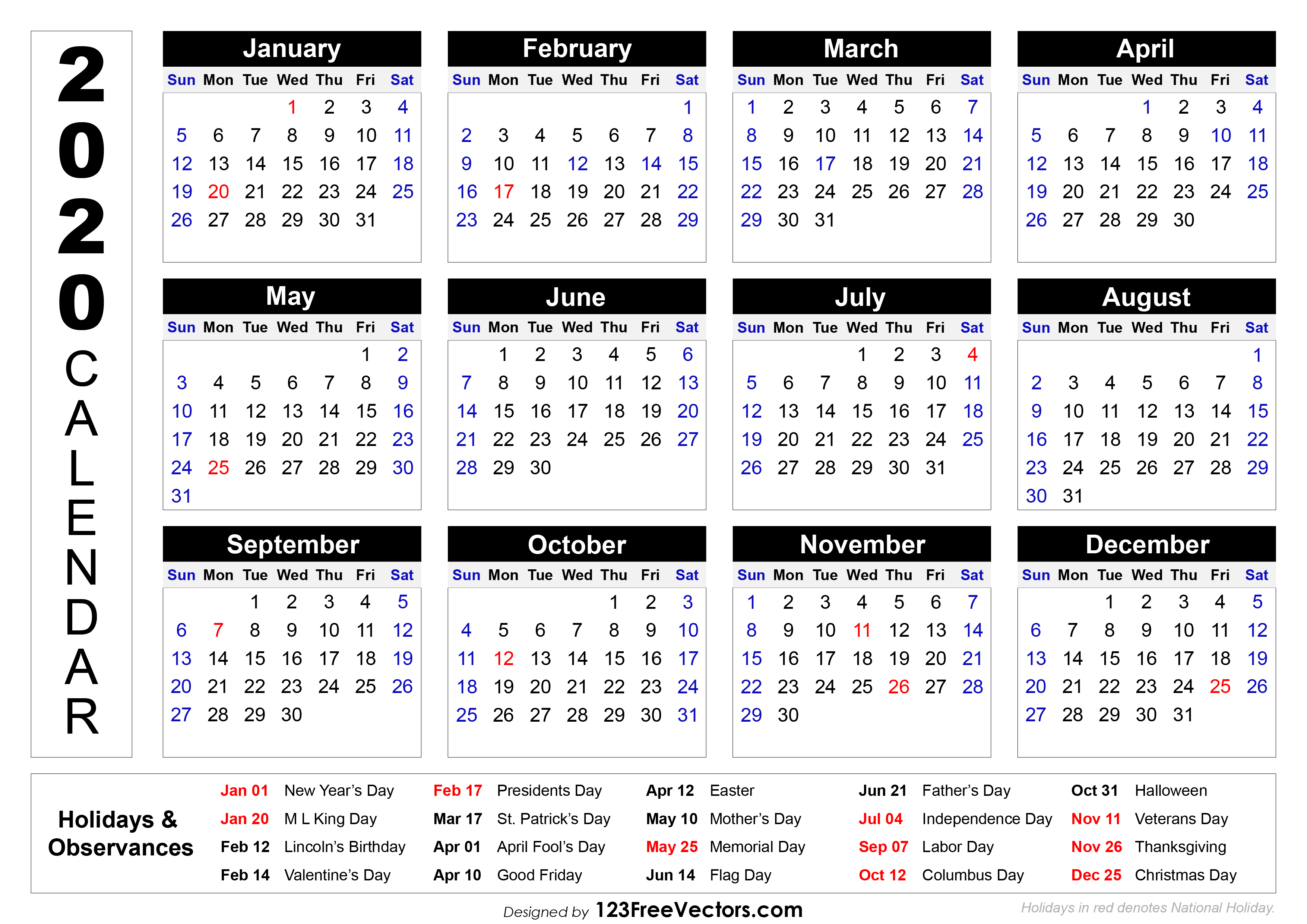 Free 2020 Printable Calendar With Holidays - Riset