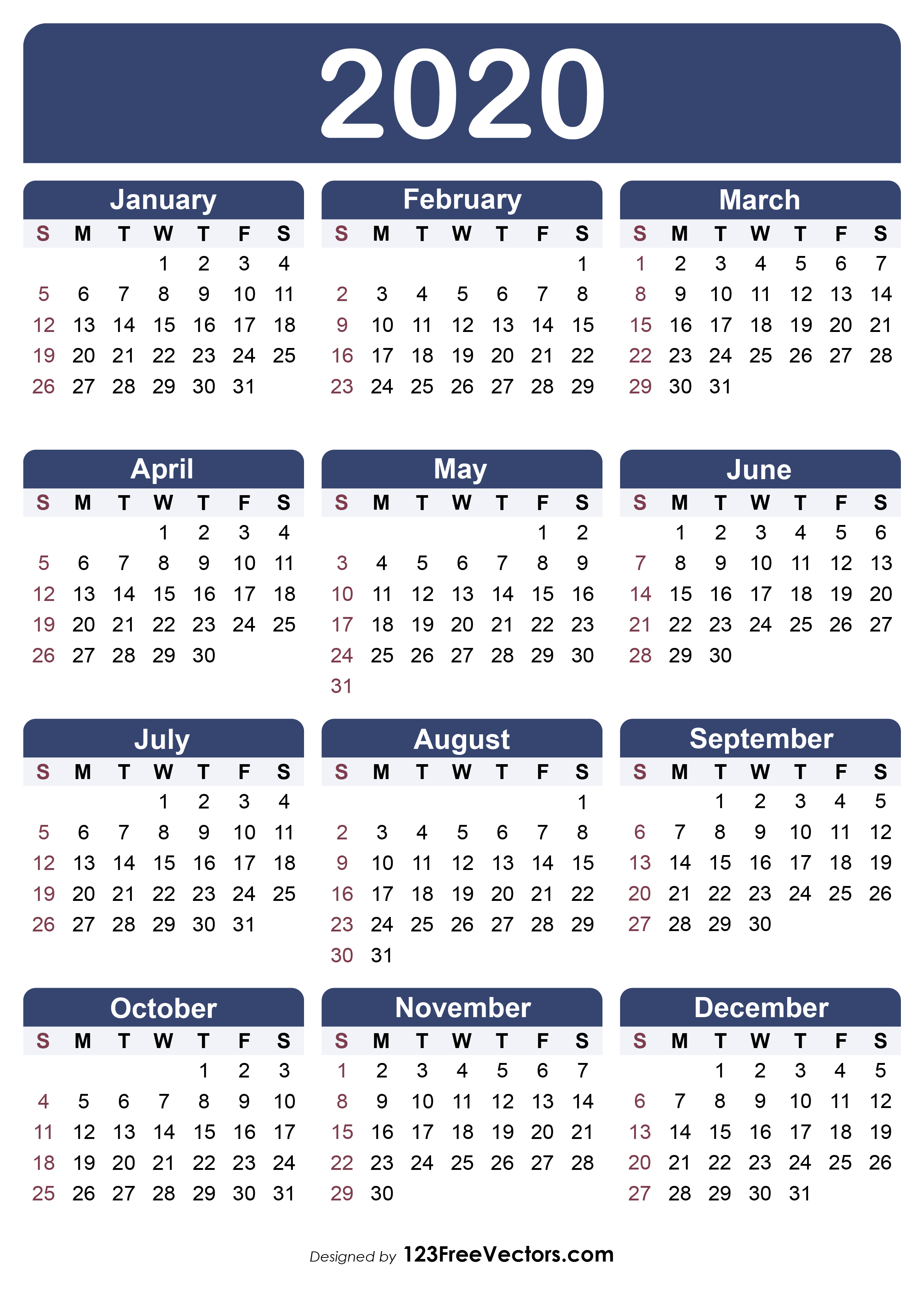 2020 Editable Calendar Printable Template 2307