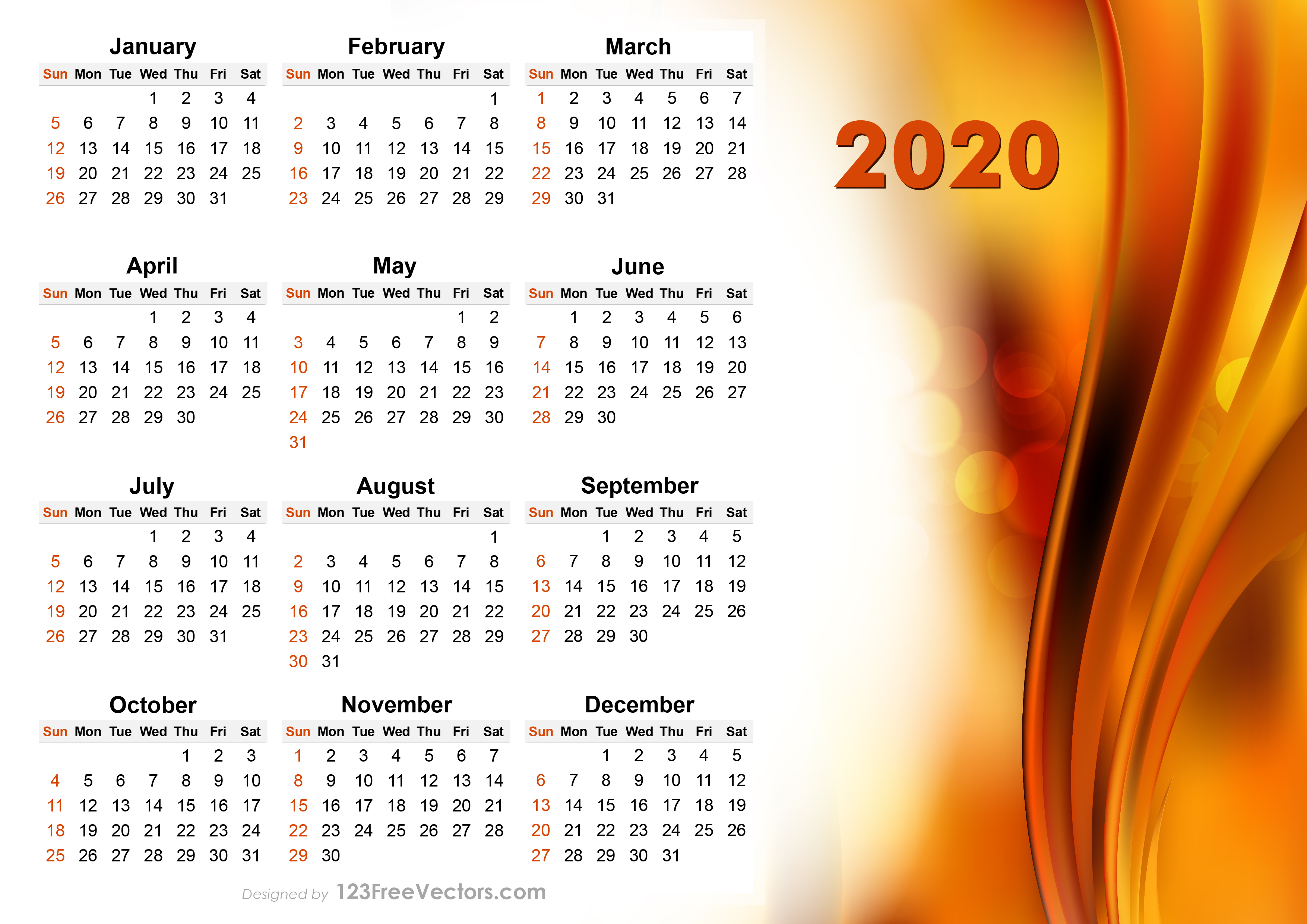 Free 2020 Vector Abstract Orange Calendar Design