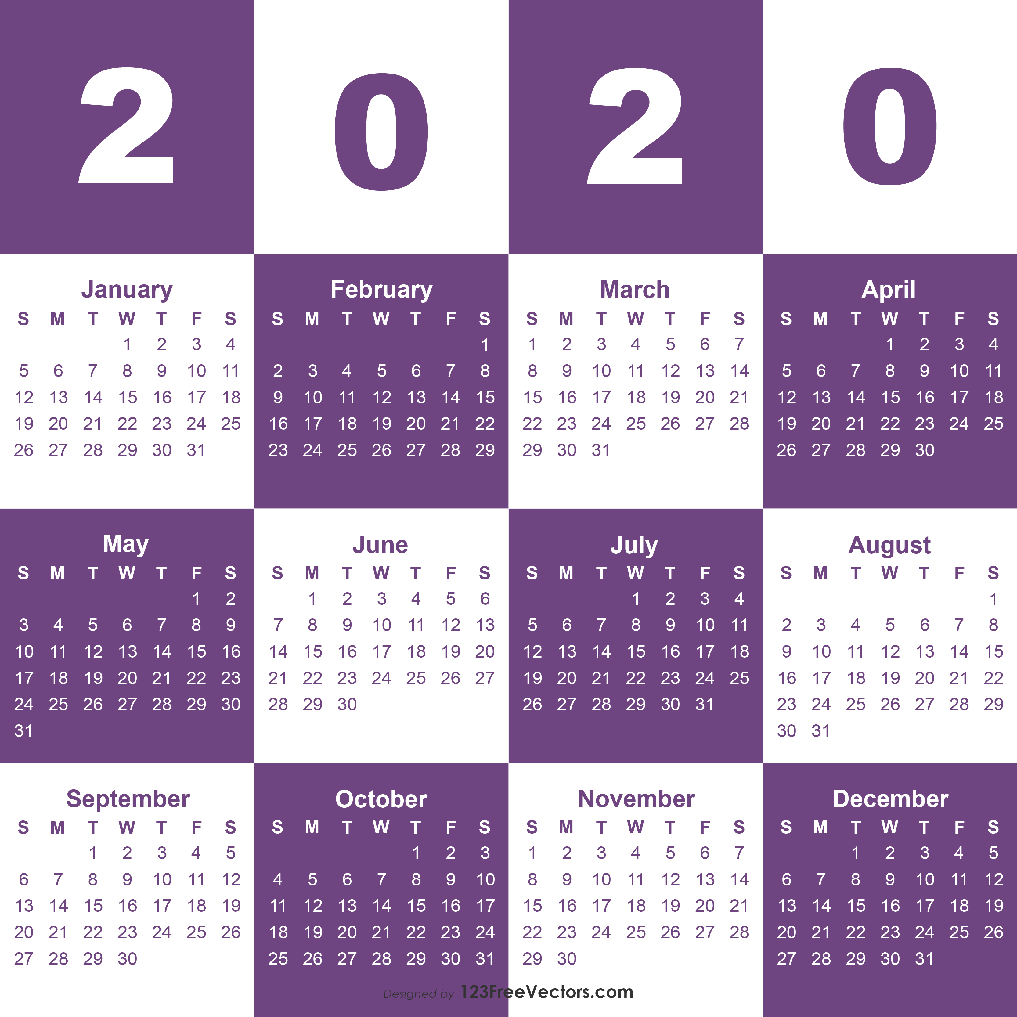 Download Free 2020 Calendar Template Vector