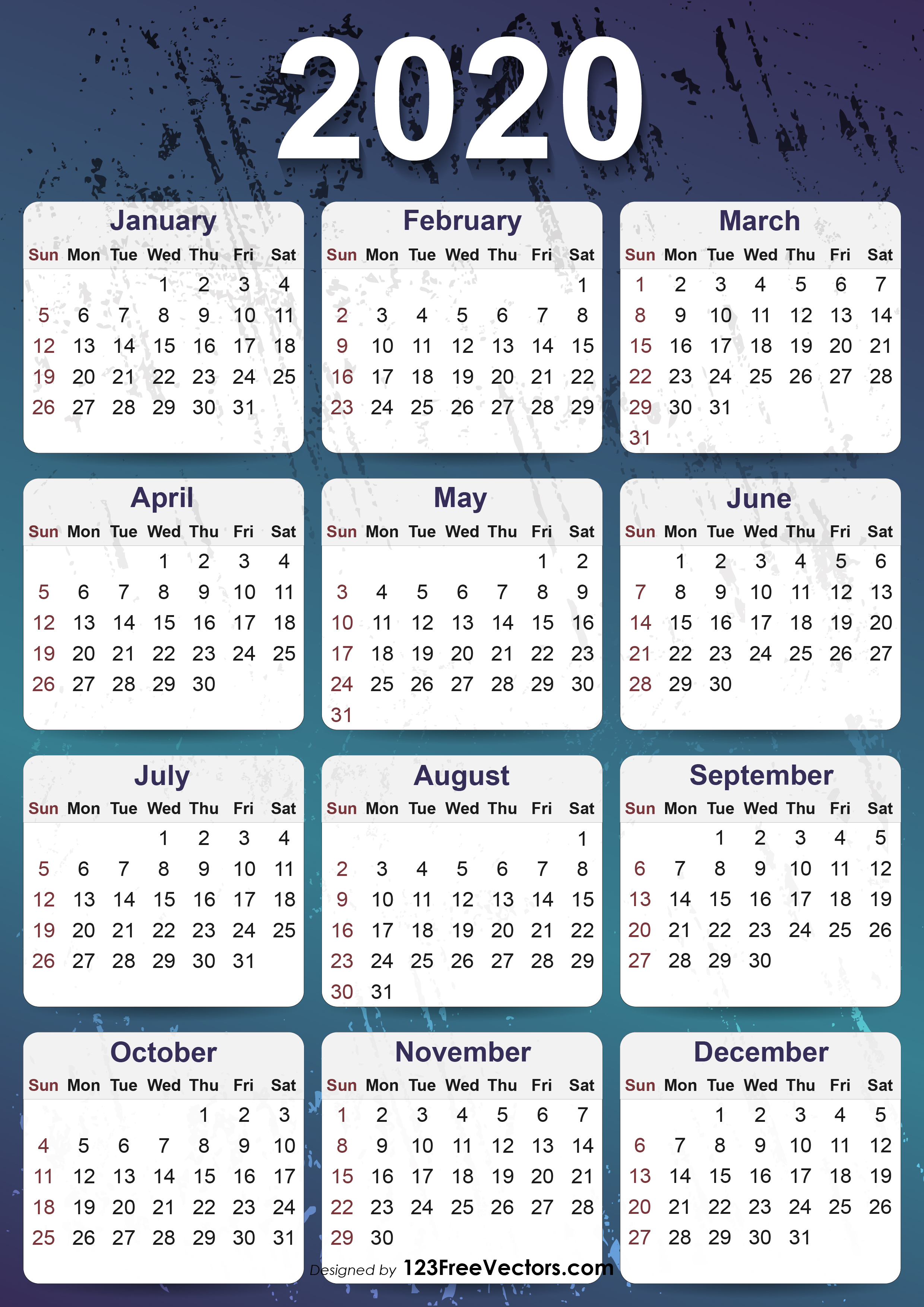 Yearly Calendar Template 2020 from files.123freevectors.com