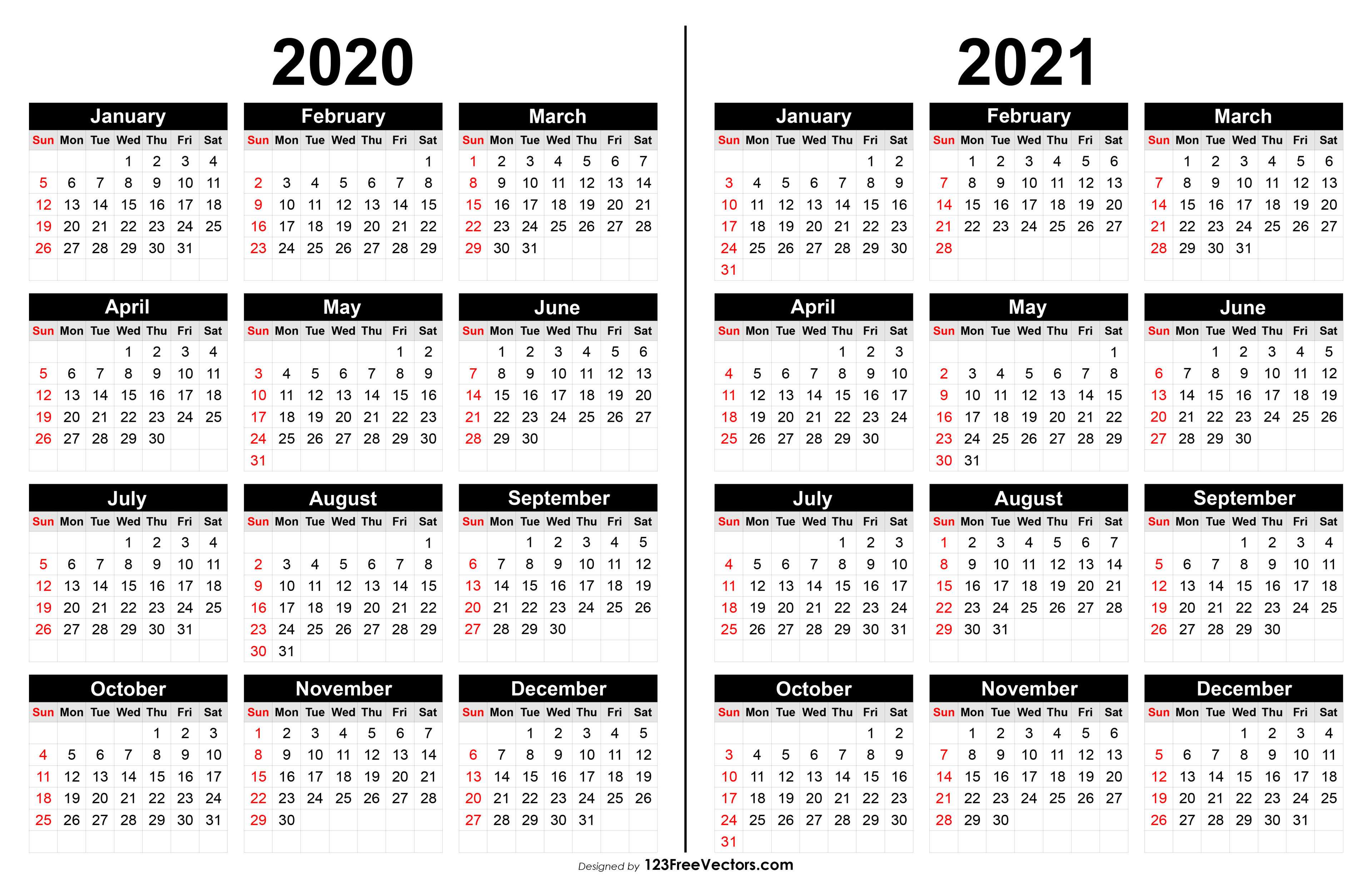 2020 and 2021 calendar vector Free 2020 And 2021 Calendar Printable 2020 and 2021 calendar vector