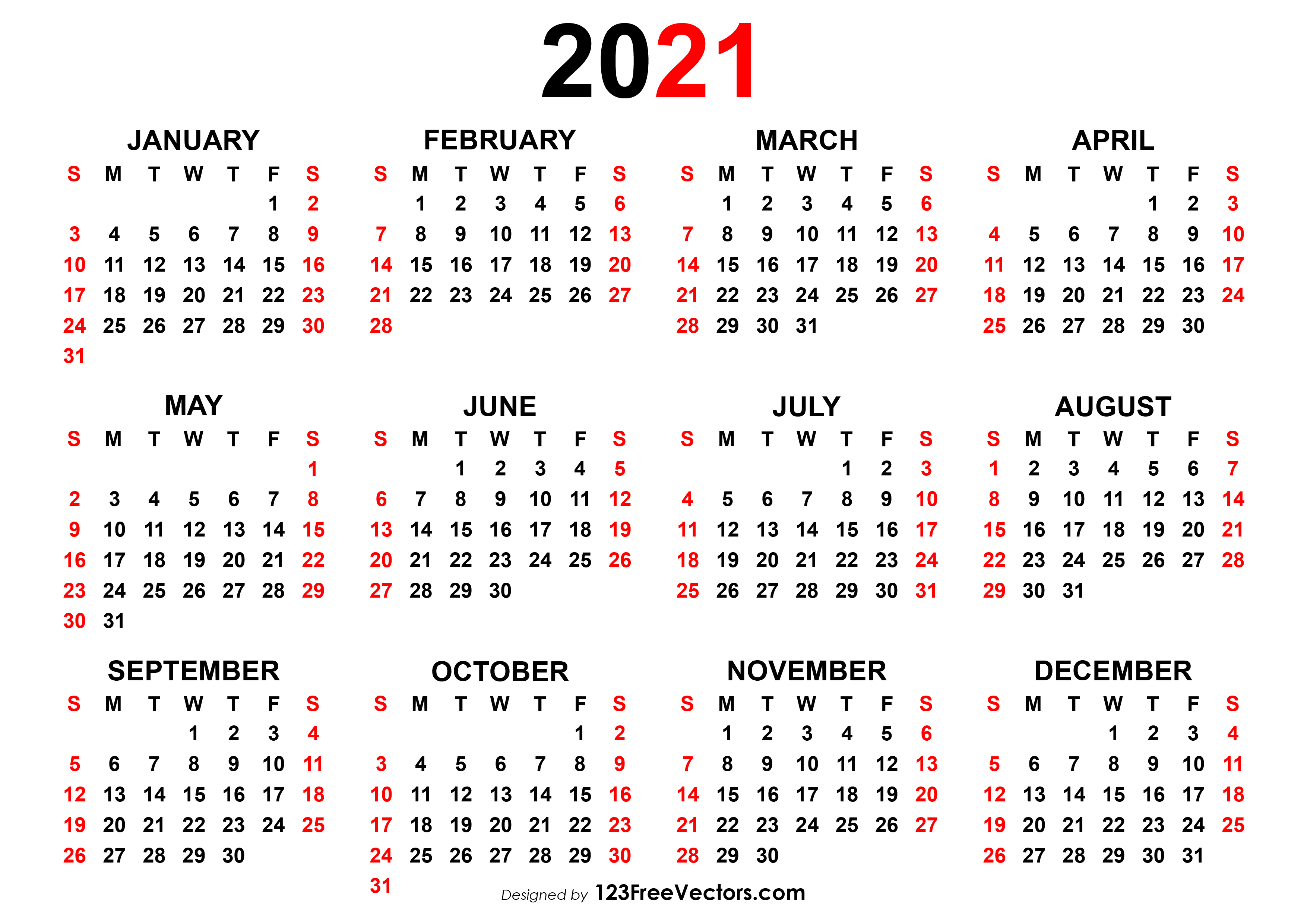 Free Yearly Calendar 2021