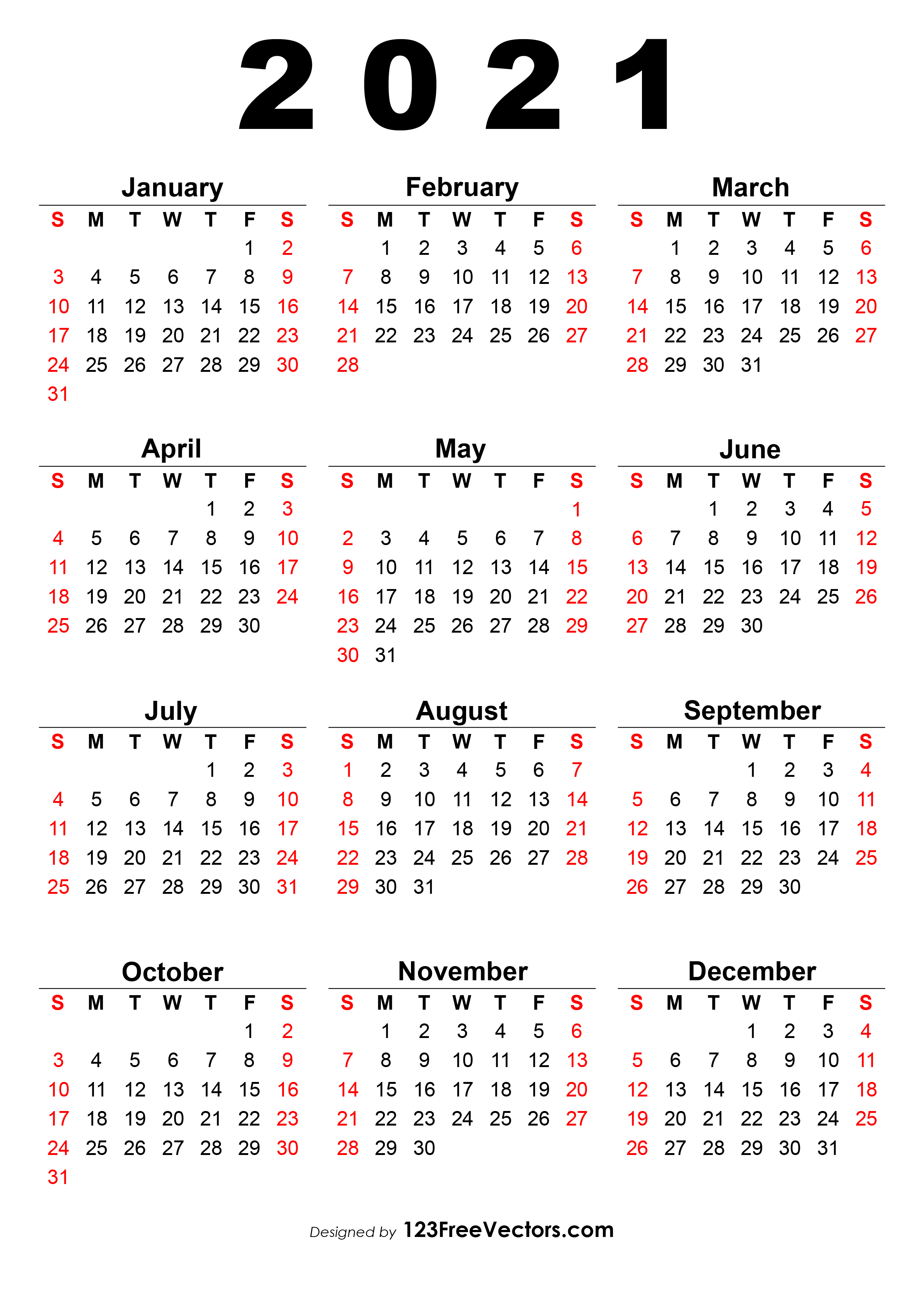 Free 2021 Calendar One Page