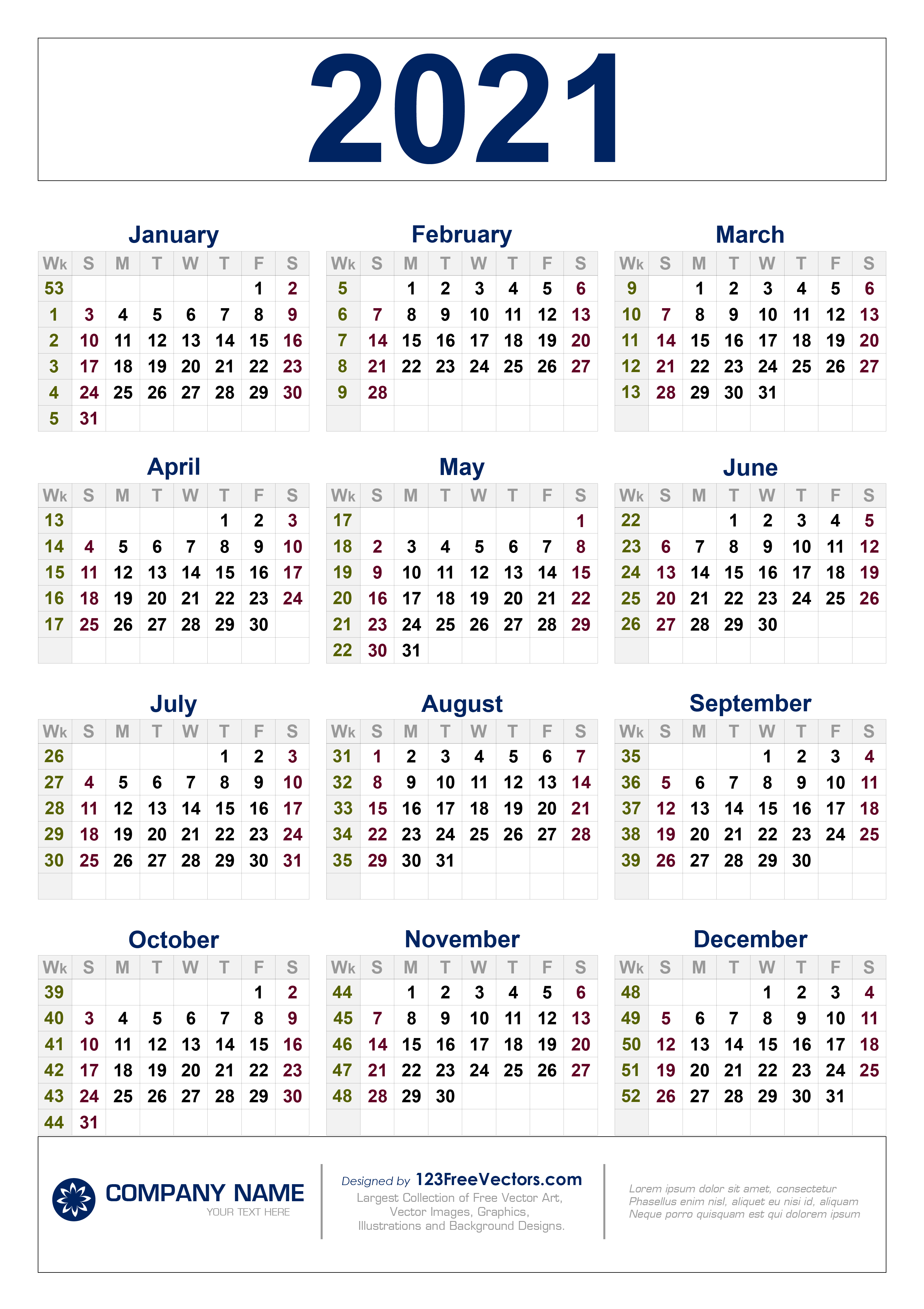 2021 Weekly Calendar Free Free Download 2021 Calendar with Week Numbers