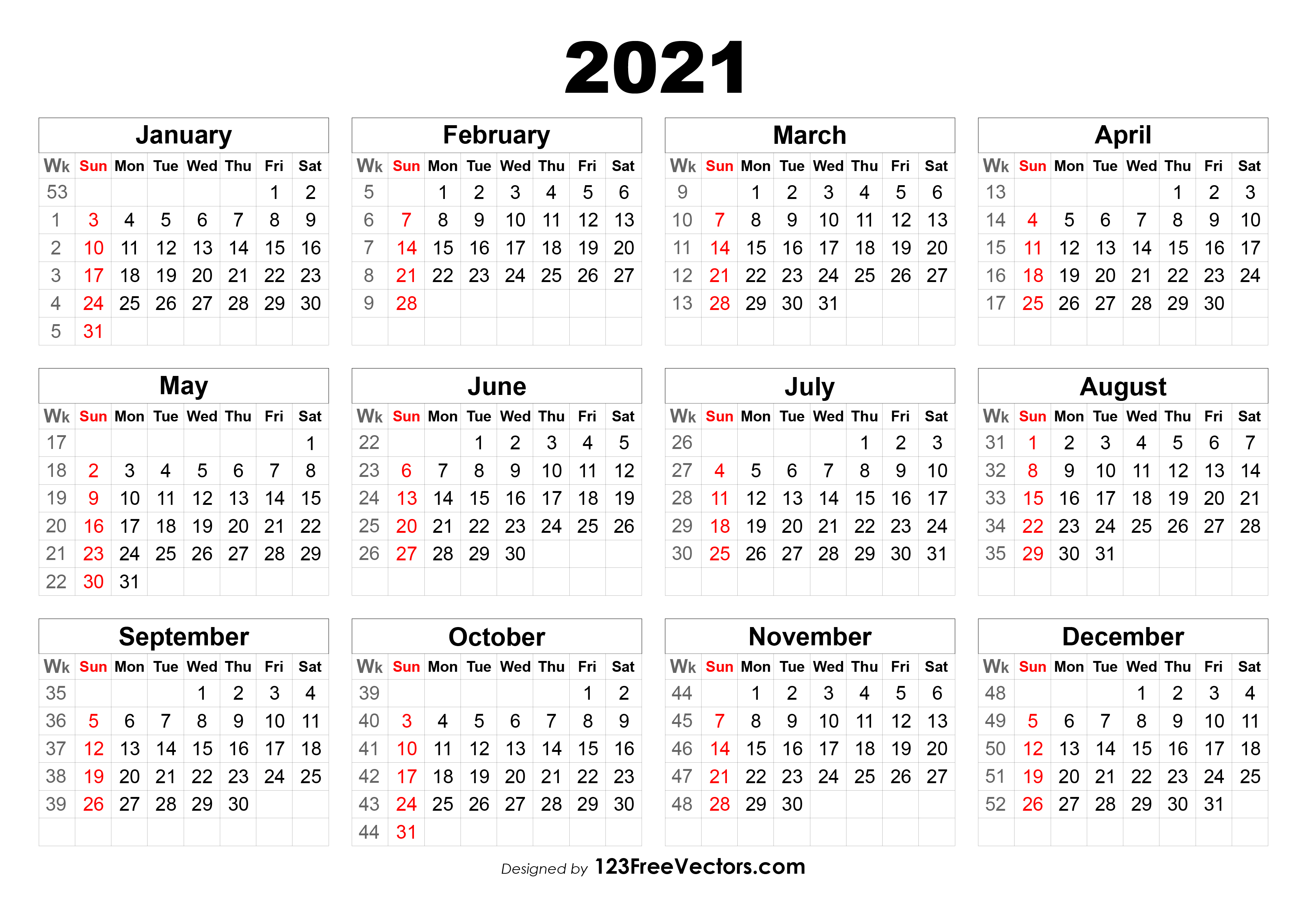 Numbered Week Calendar 2021 - United States Map