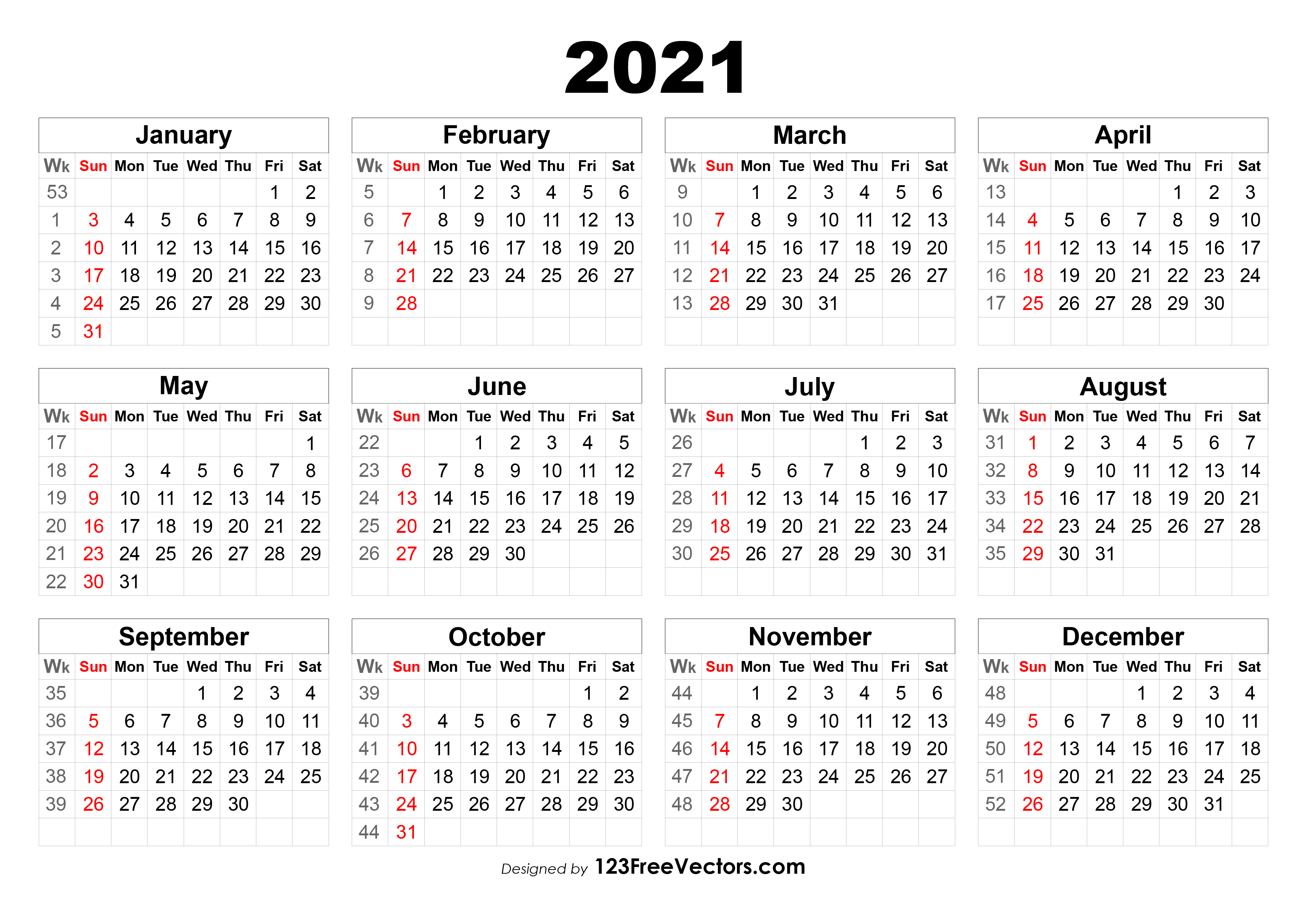 Free 2021 Calendar with Week Numbers