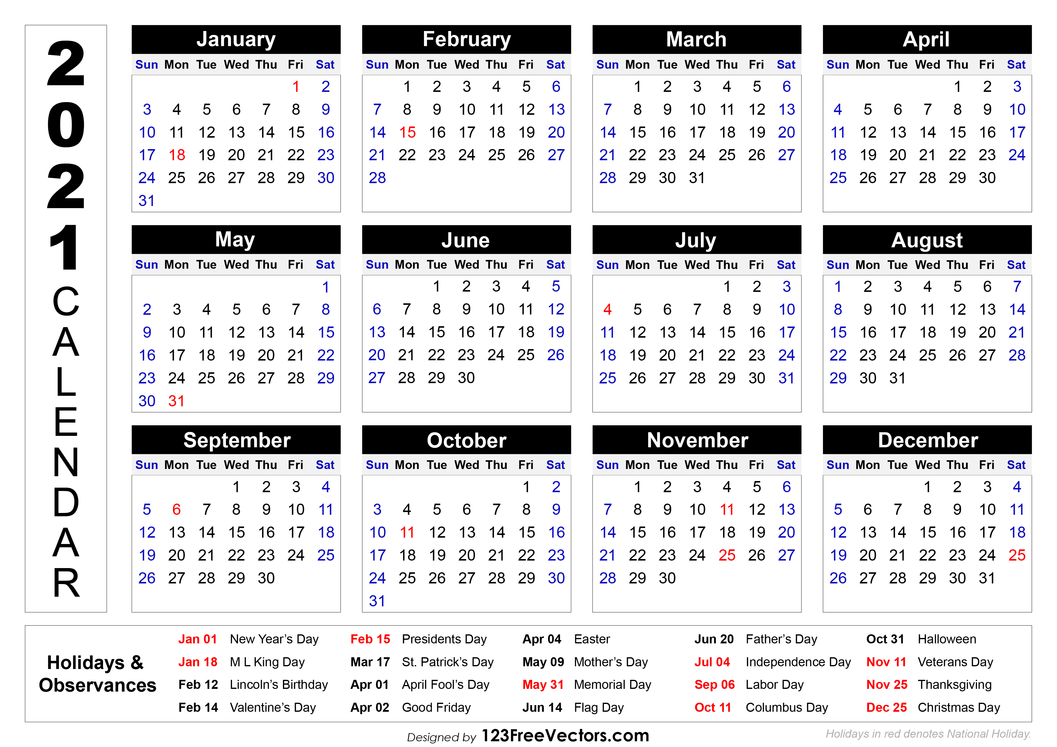 Printable 2021 Calendar With Holidays Printable World Holiday