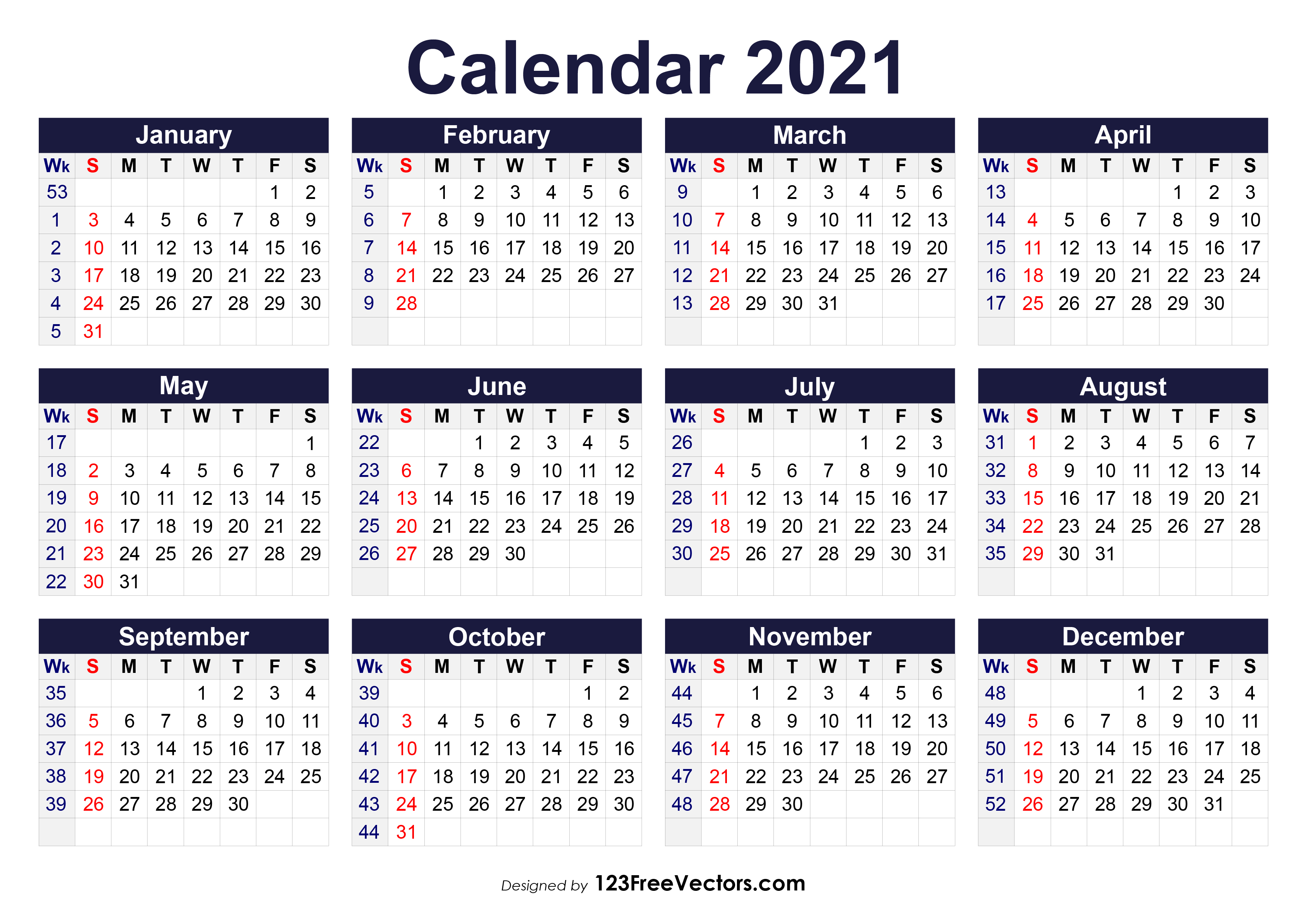 Free Printable 2021 Calendar with Week Numbers