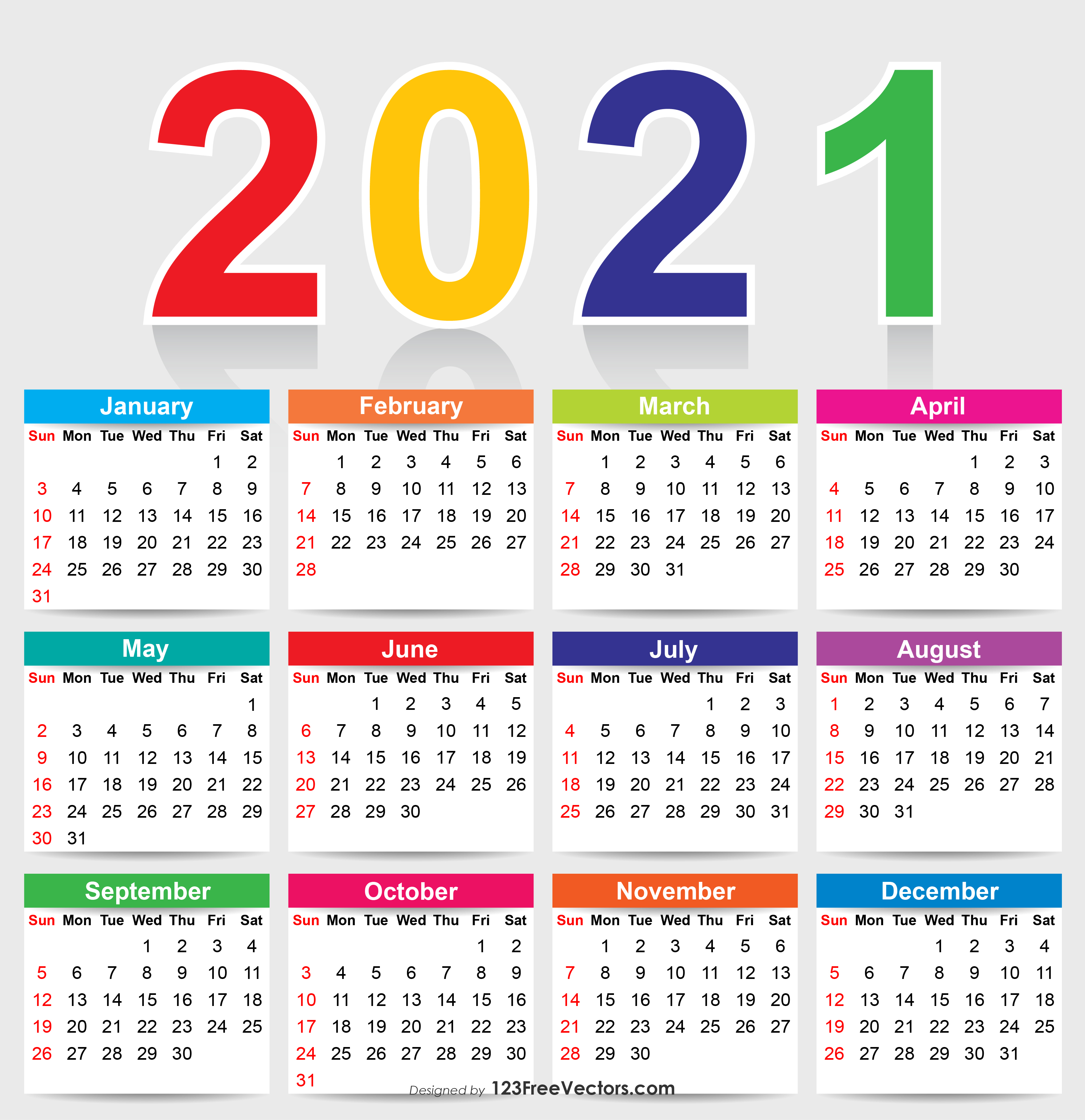 Free Colorful 2021 Calendar Vector