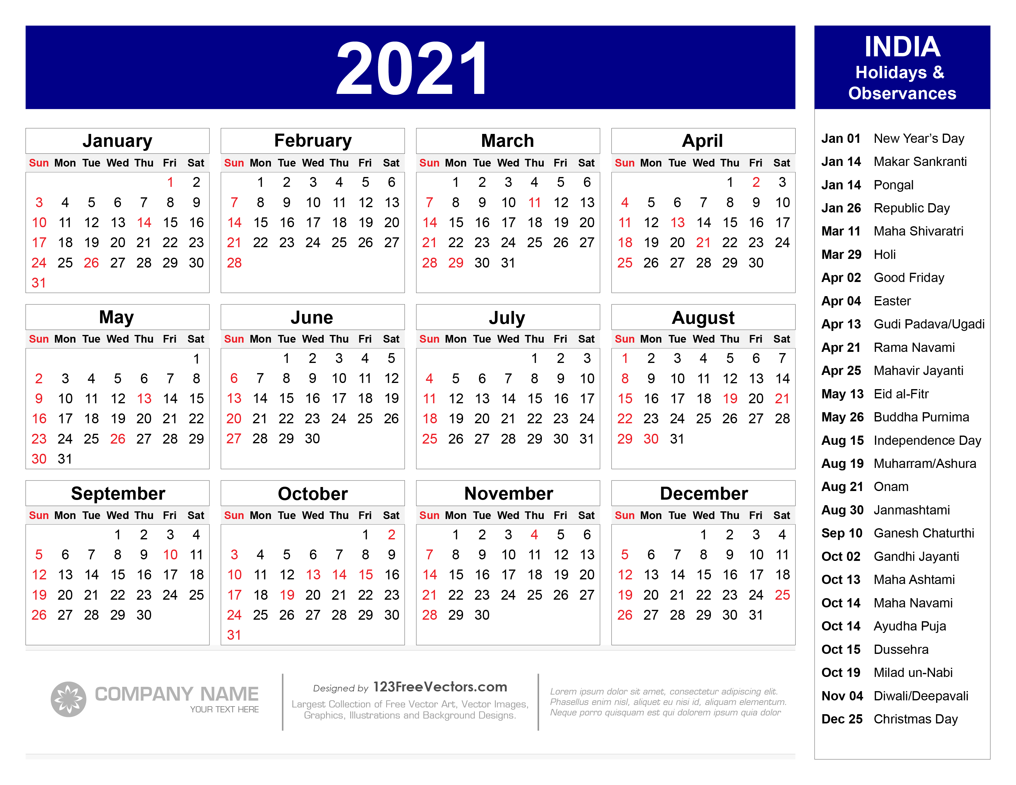 Calendar 2021 With Holidays Free 2021 Calendar with Indian Holidays Pdf