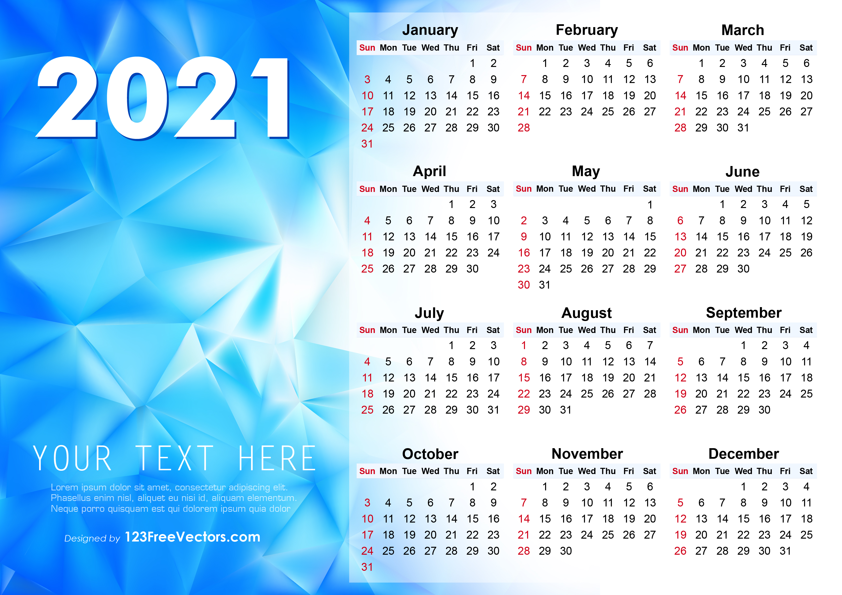 2021 Calendar with Geometric Blue Background
