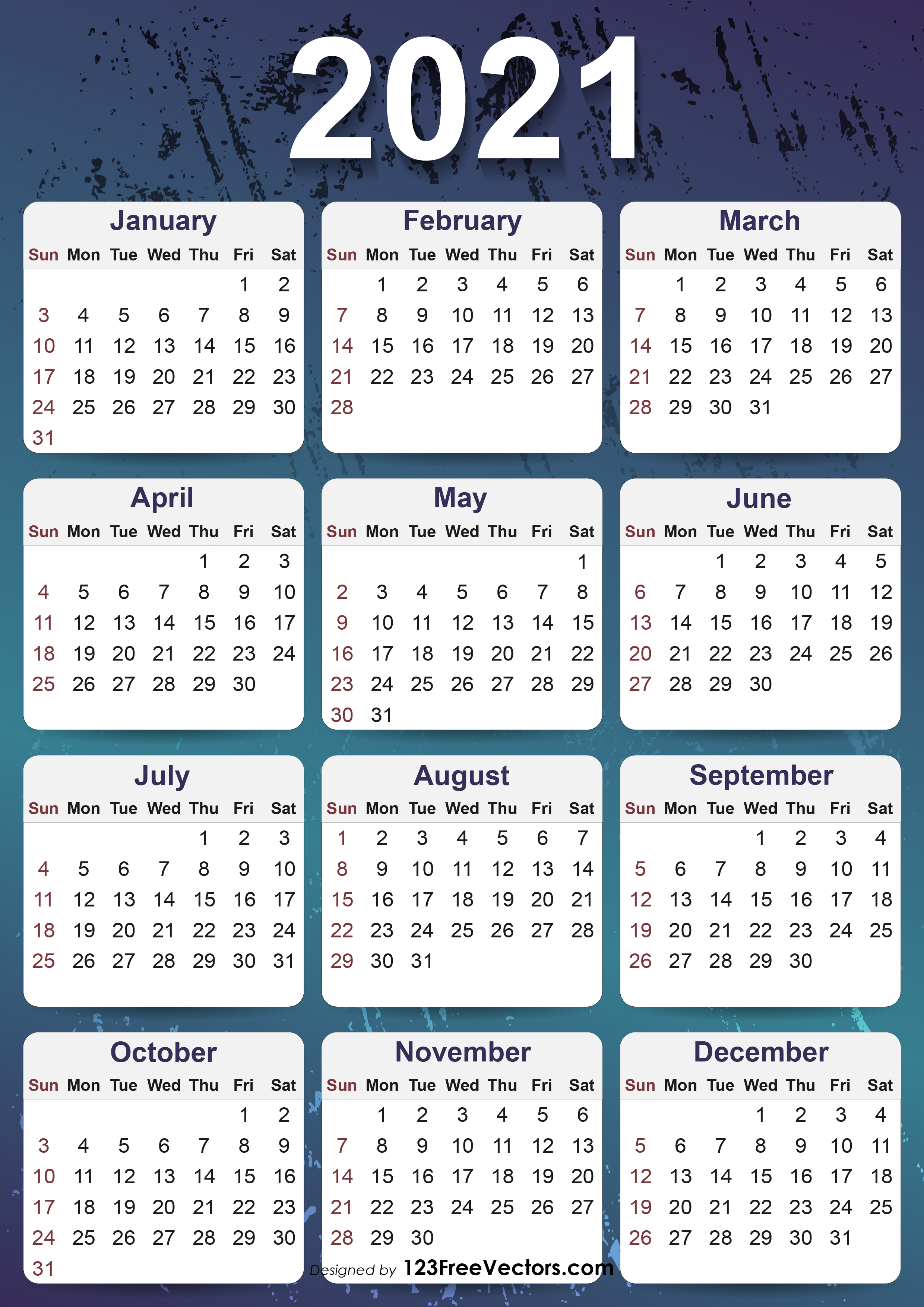 Free 2021 Yearly Calender Template / Free Printable Year 2021 Calendar
