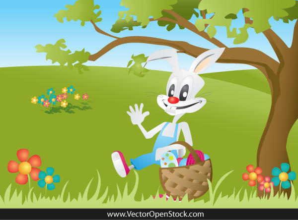 Easter Bunny Carrying a Basket Full of Easter Eggs on Landscape Vector Free
