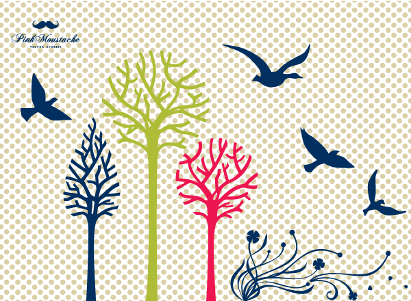 Free Vector Set: Trees, Flowers and Birds Silhouettes