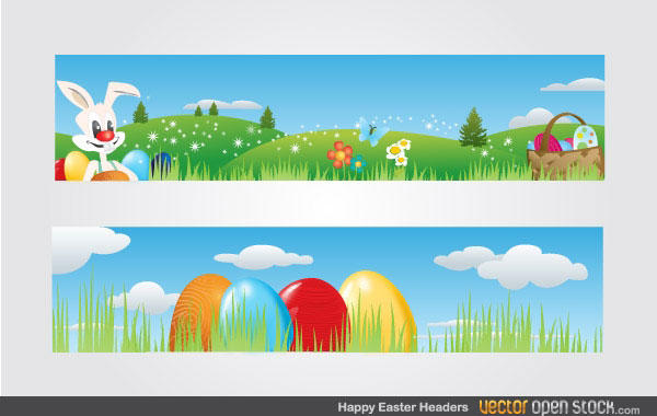 Free Vector Easter Banners with Easter Bunny, Basket Full of Easter Eggs and Flowers on Landscape