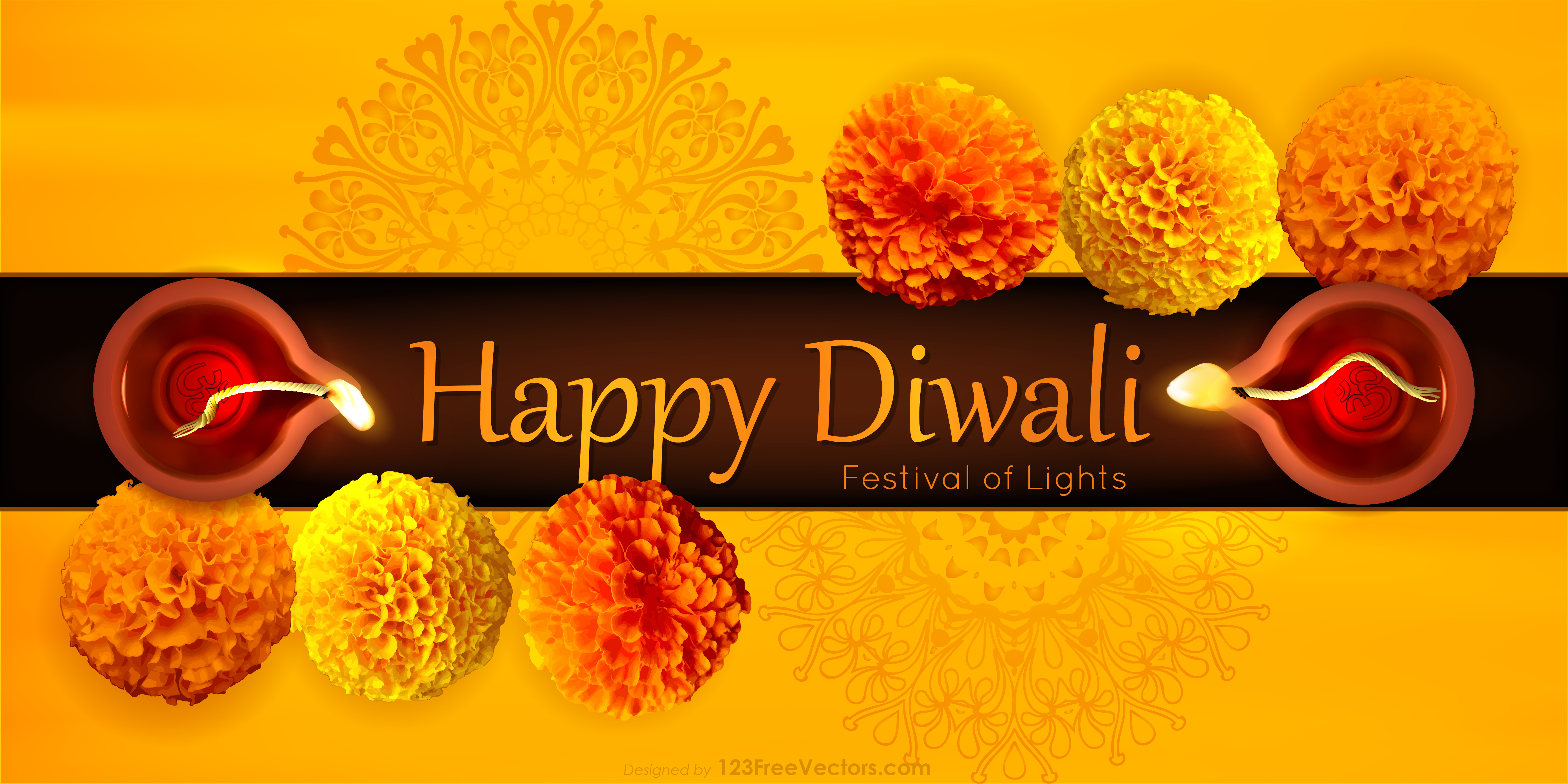 Free Diwali Banner Background with Top View of Diya Lamps