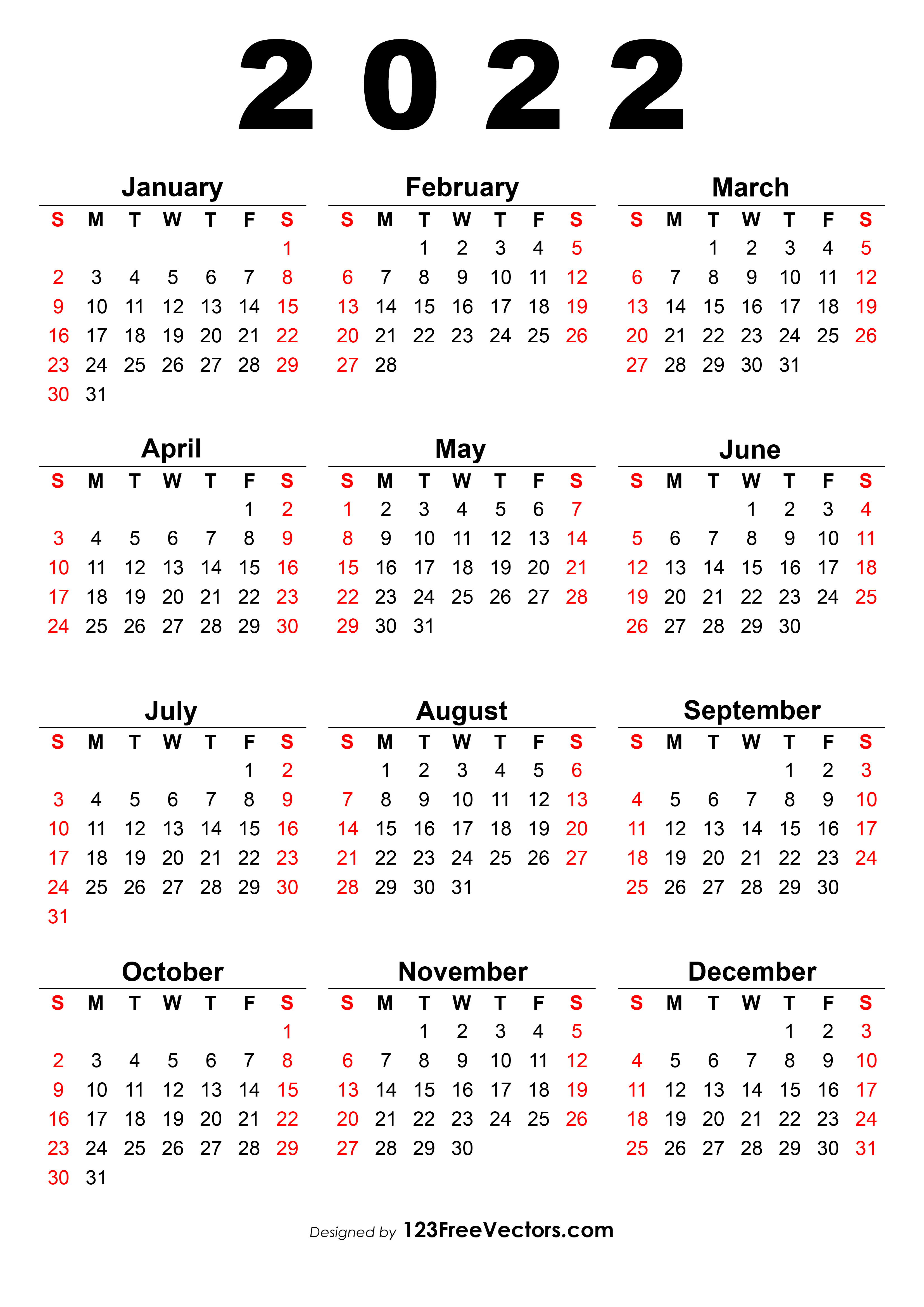 One Page Year Calendar 2022 Free 2022 Calendar One Page