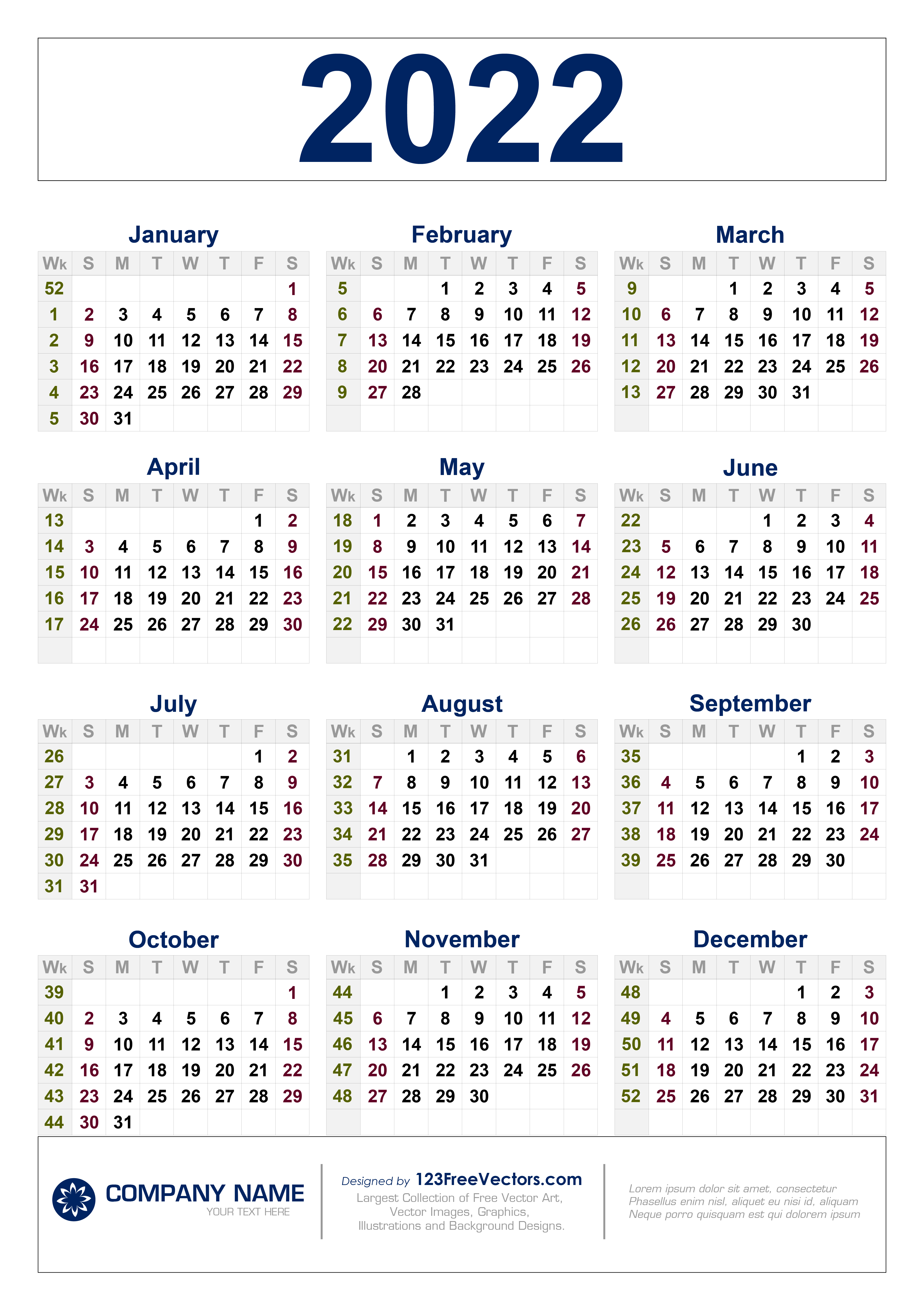 Free Free Download 2022 Calendar With Week Numbers