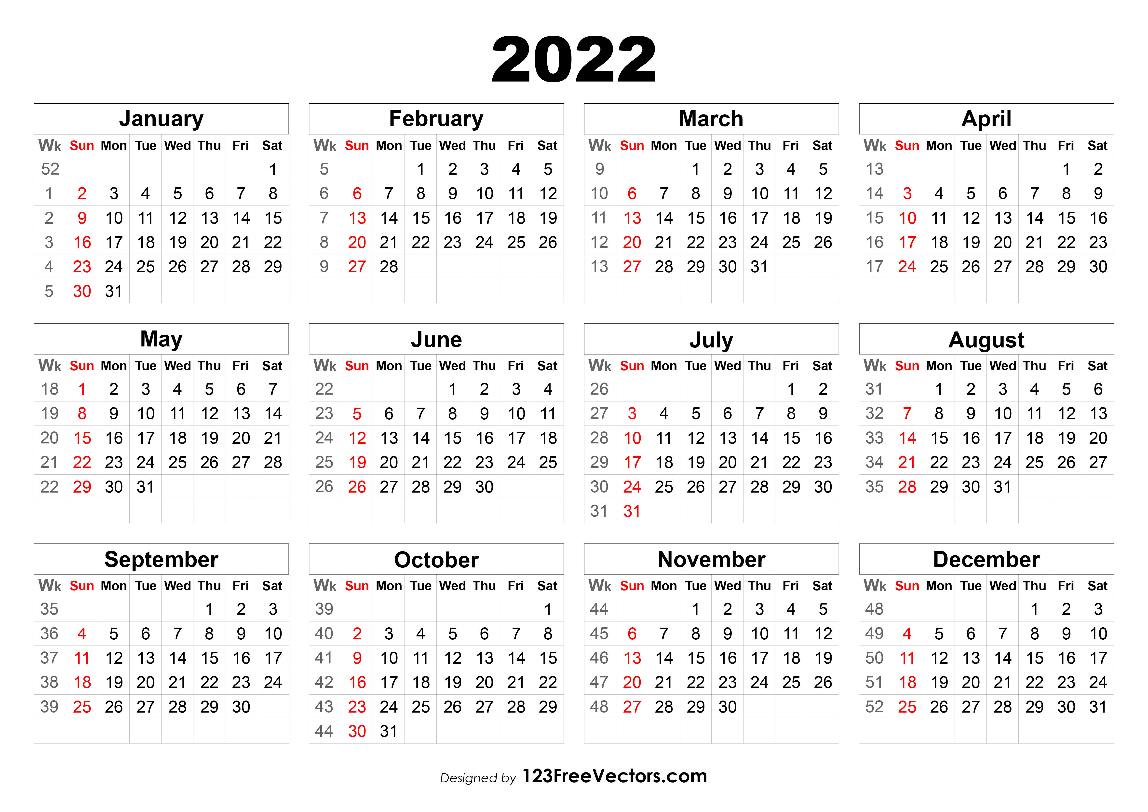 Numbered Week Calendar 2022 Free 2022 Calendar With Week Numbers