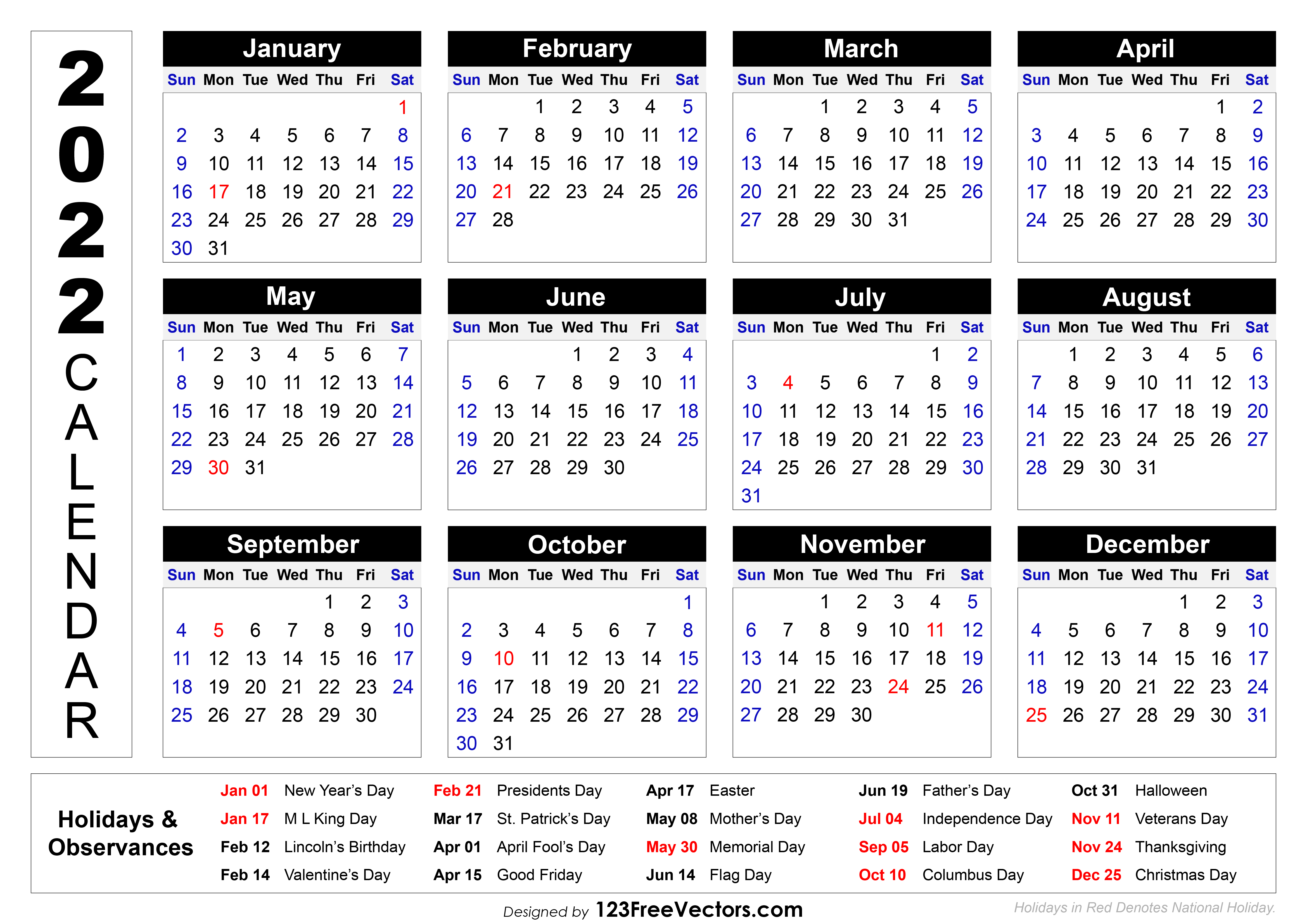 Printable 2022 Calendar With Holidays Free 2022 Printable Calendar With Holidays