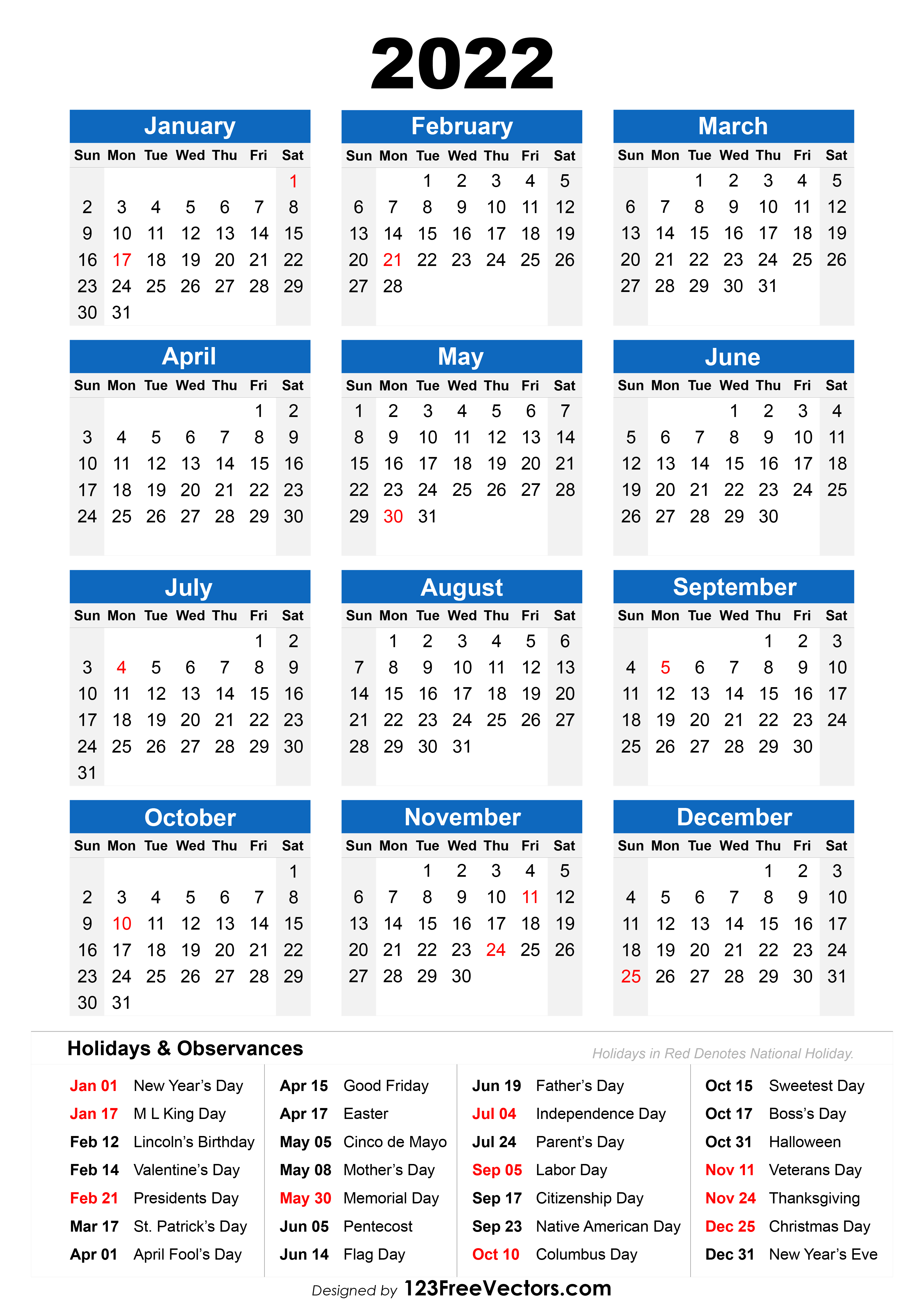 Free 2022 Calendar With Holidays Free 2022 Holiday Calendar