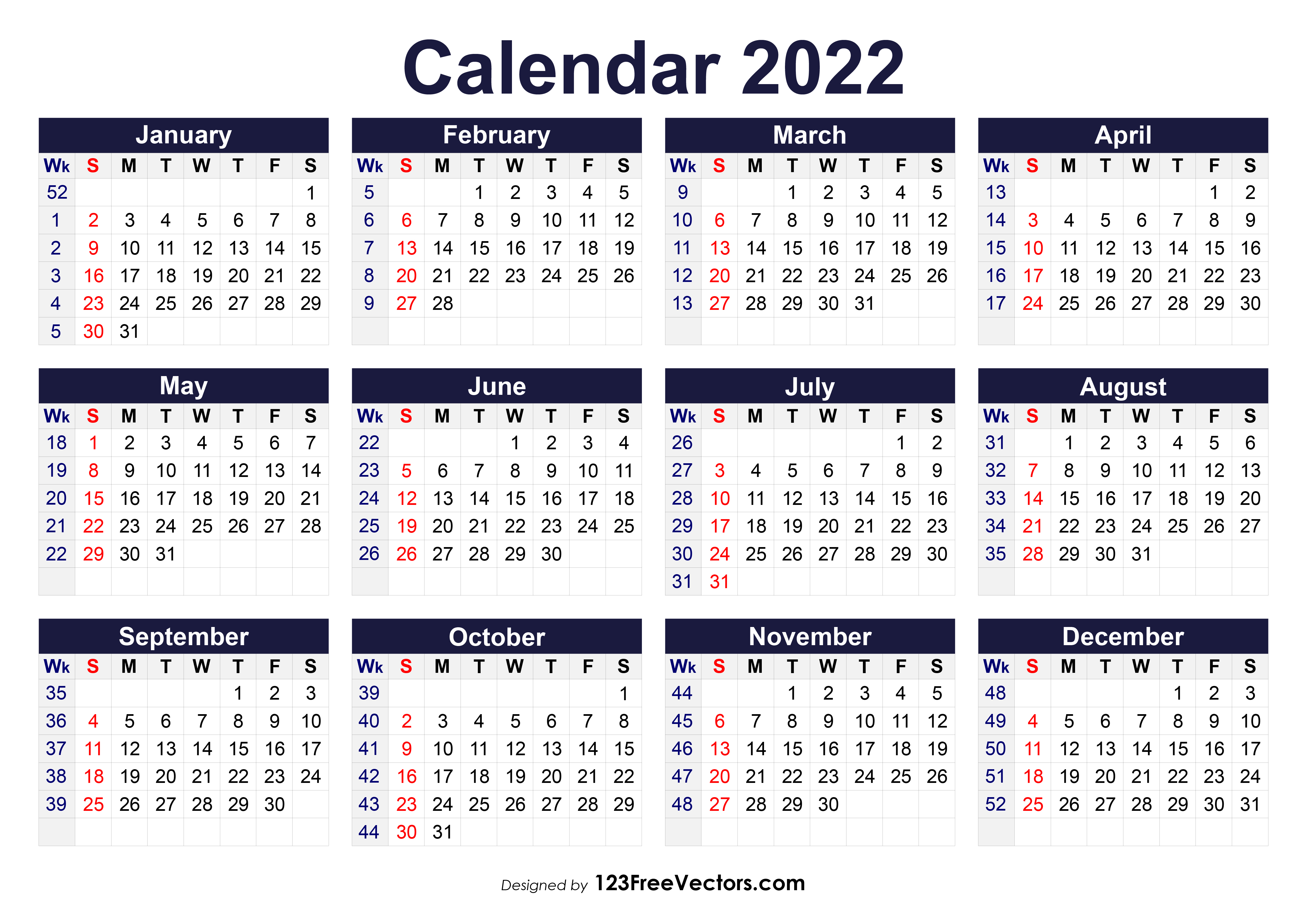 Free Printable 2022 Year Calendar Free Printable 2022 Calendar With Week Numbers