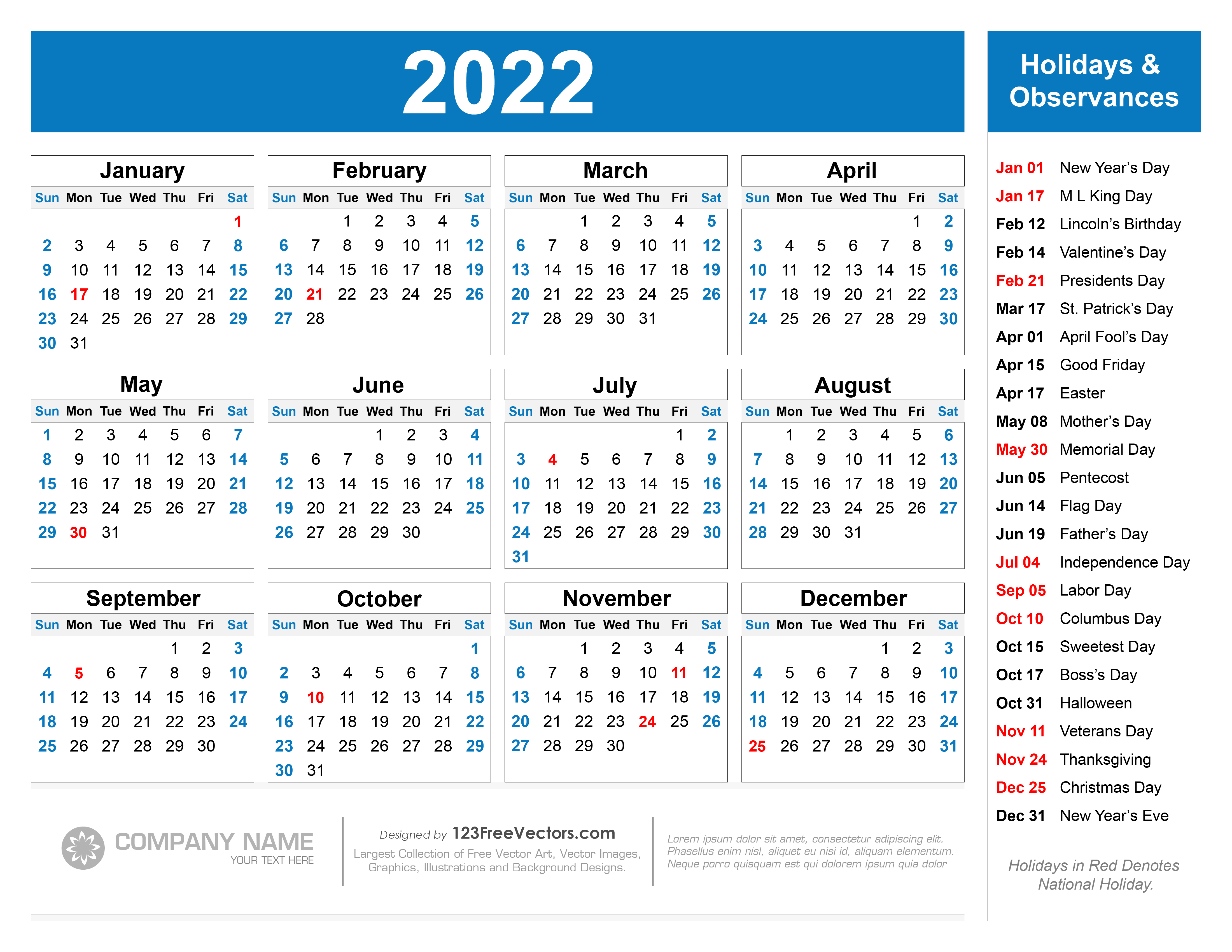 Holiday 2022 Calendar Free Free Printable 2022 Calendar With Holidays