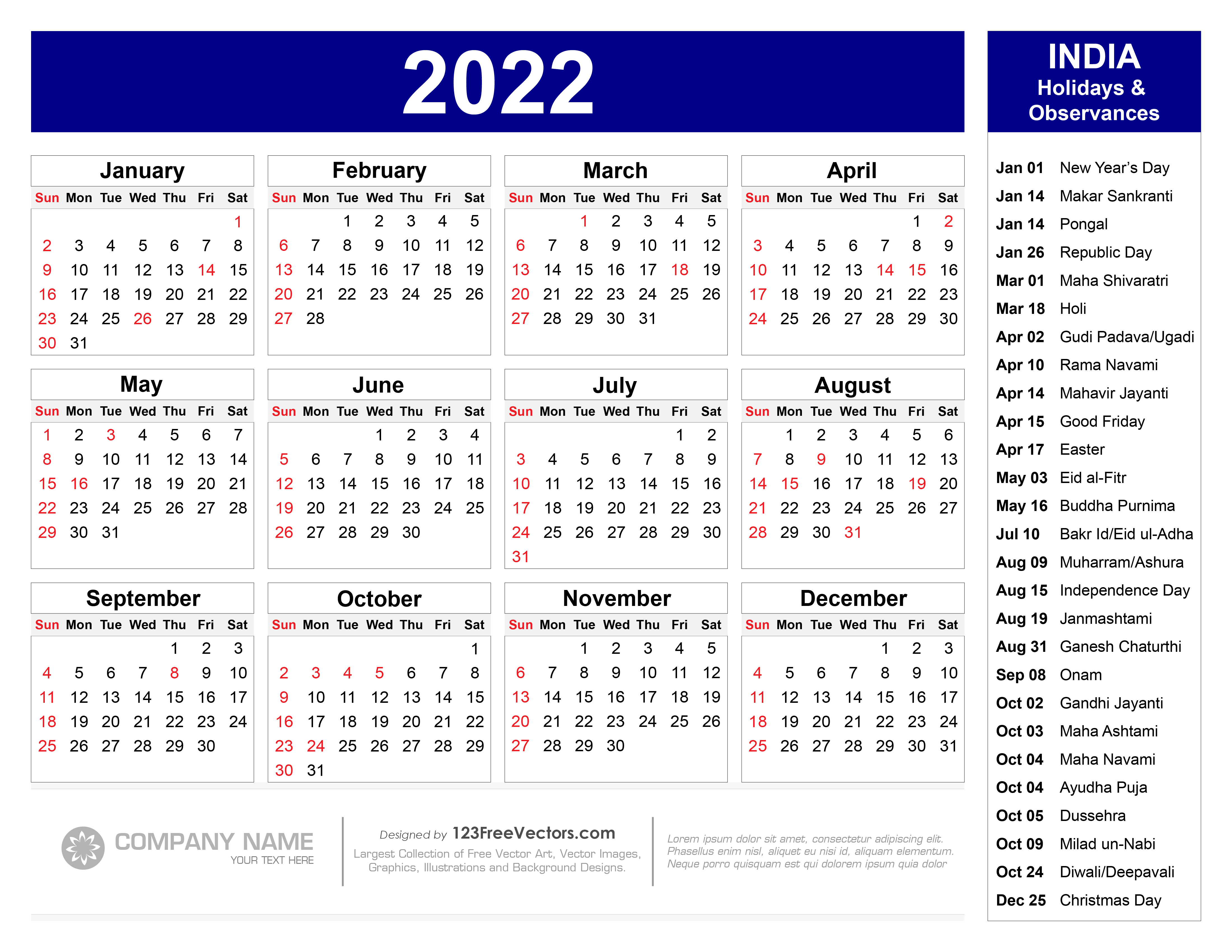 Printable 2022 Calendar With Holidays Free 2022 Calendar With Indian Holidays Pdf