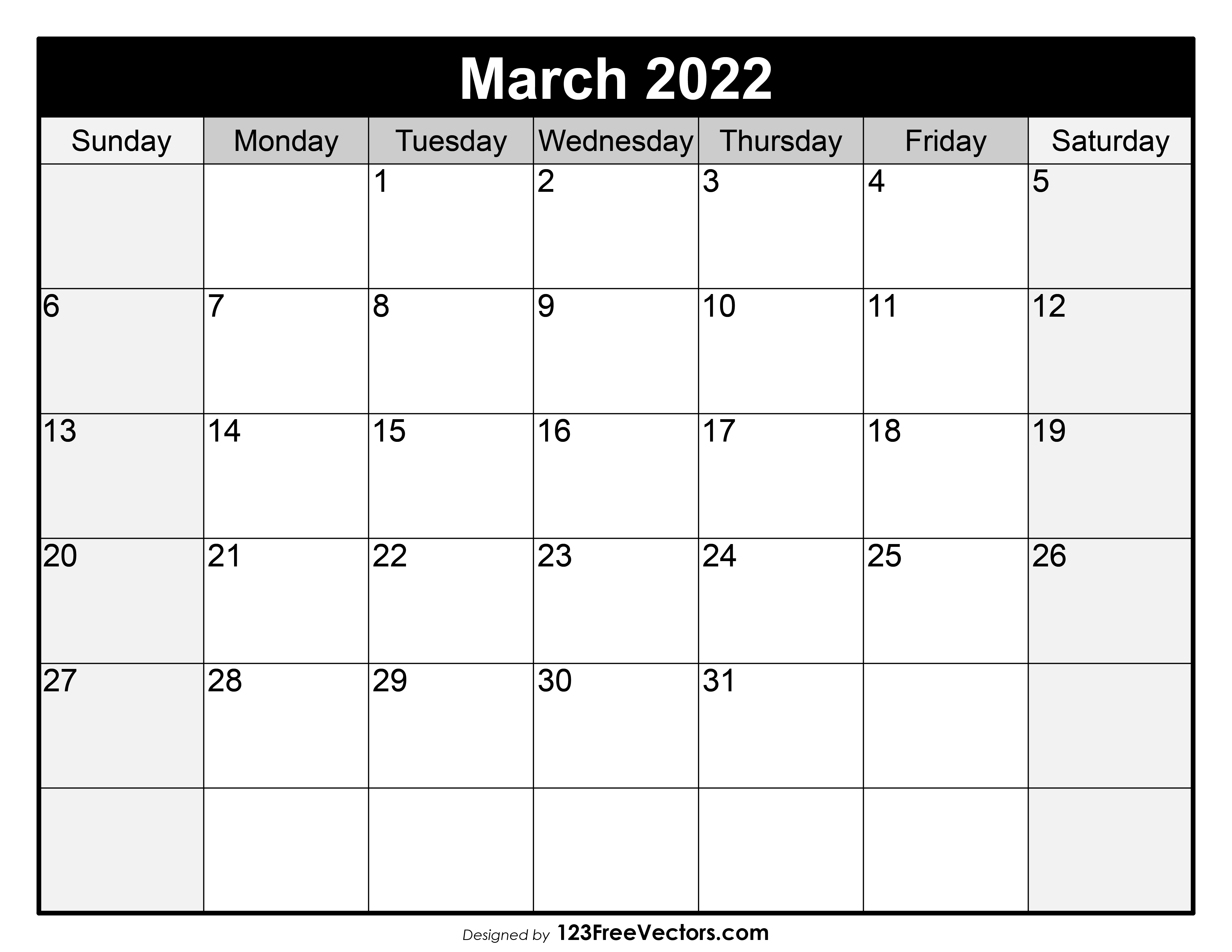 Blank March Calendar 2022