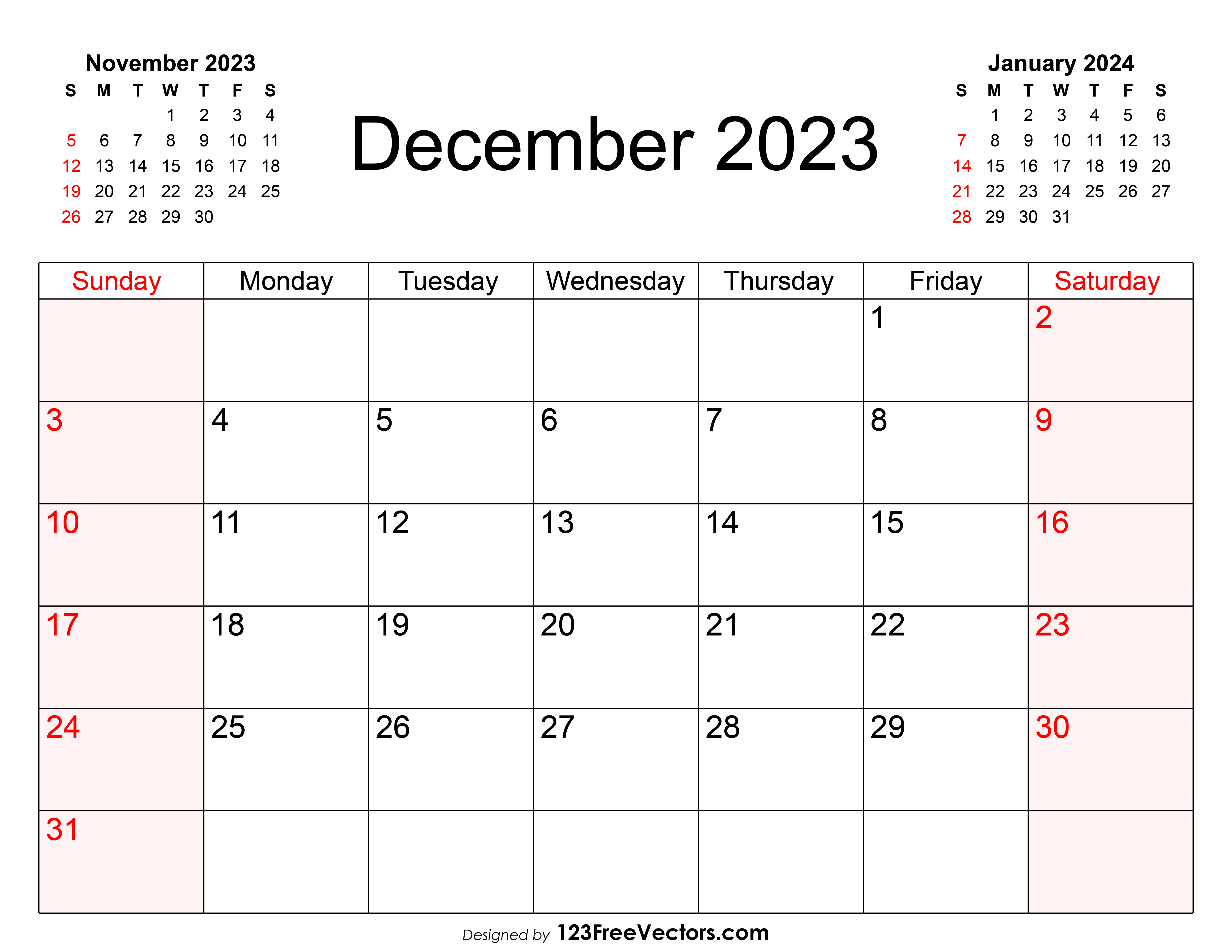 Blank December Calendar 2023