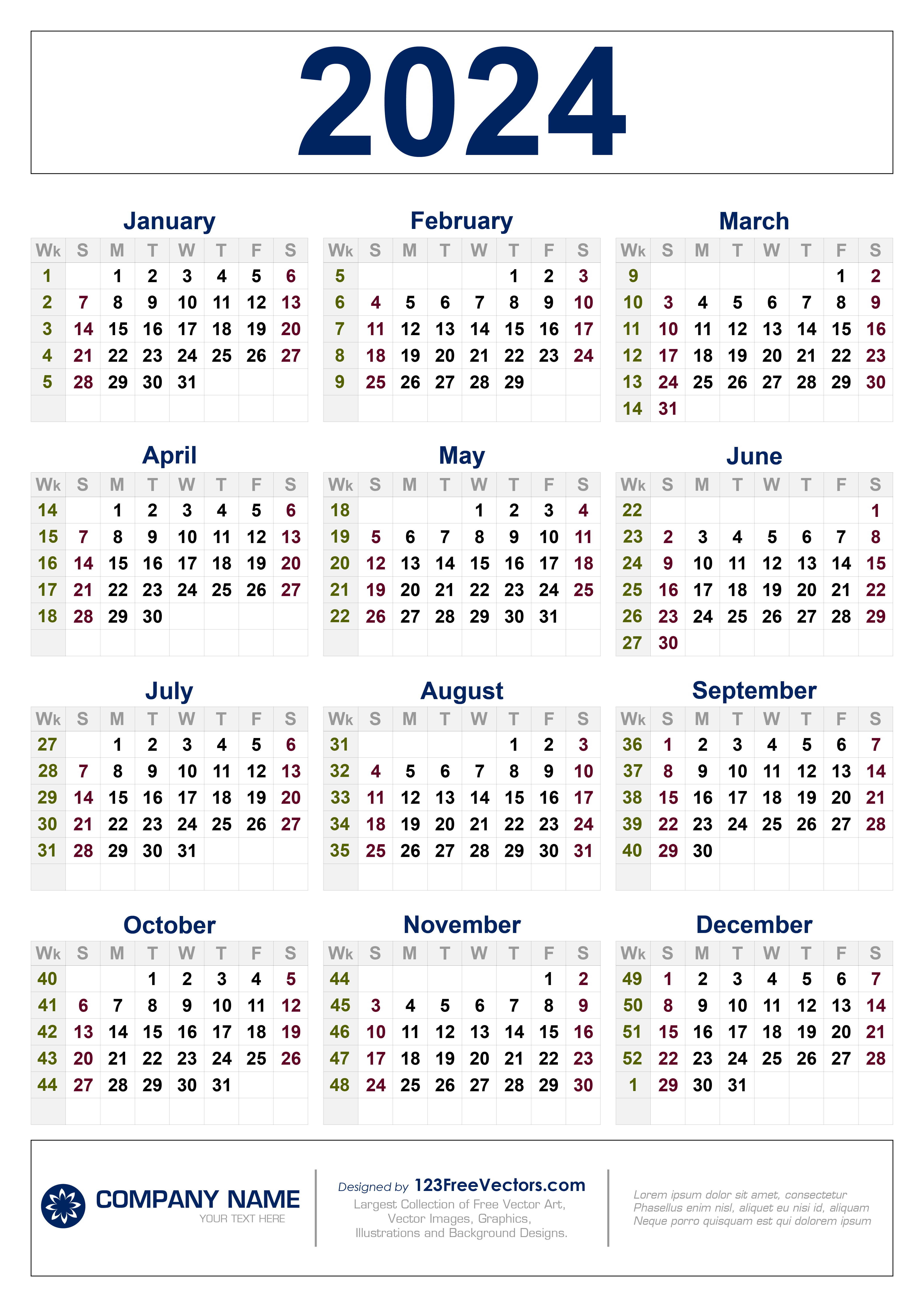 Calendar 2024 year editable template Royalty Free Vector