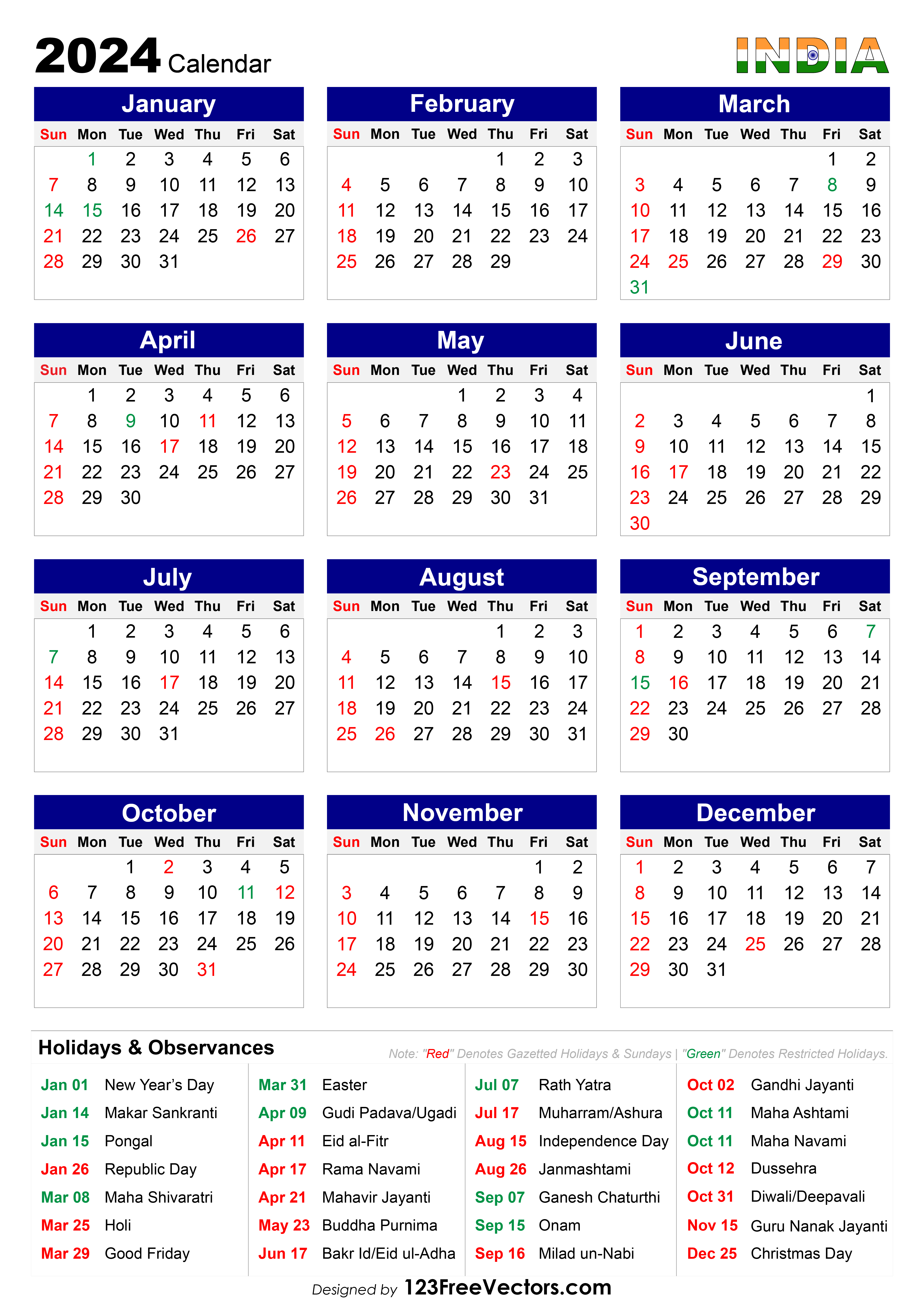 Printable Calendar 2024 India With Holidays And Festivals Free