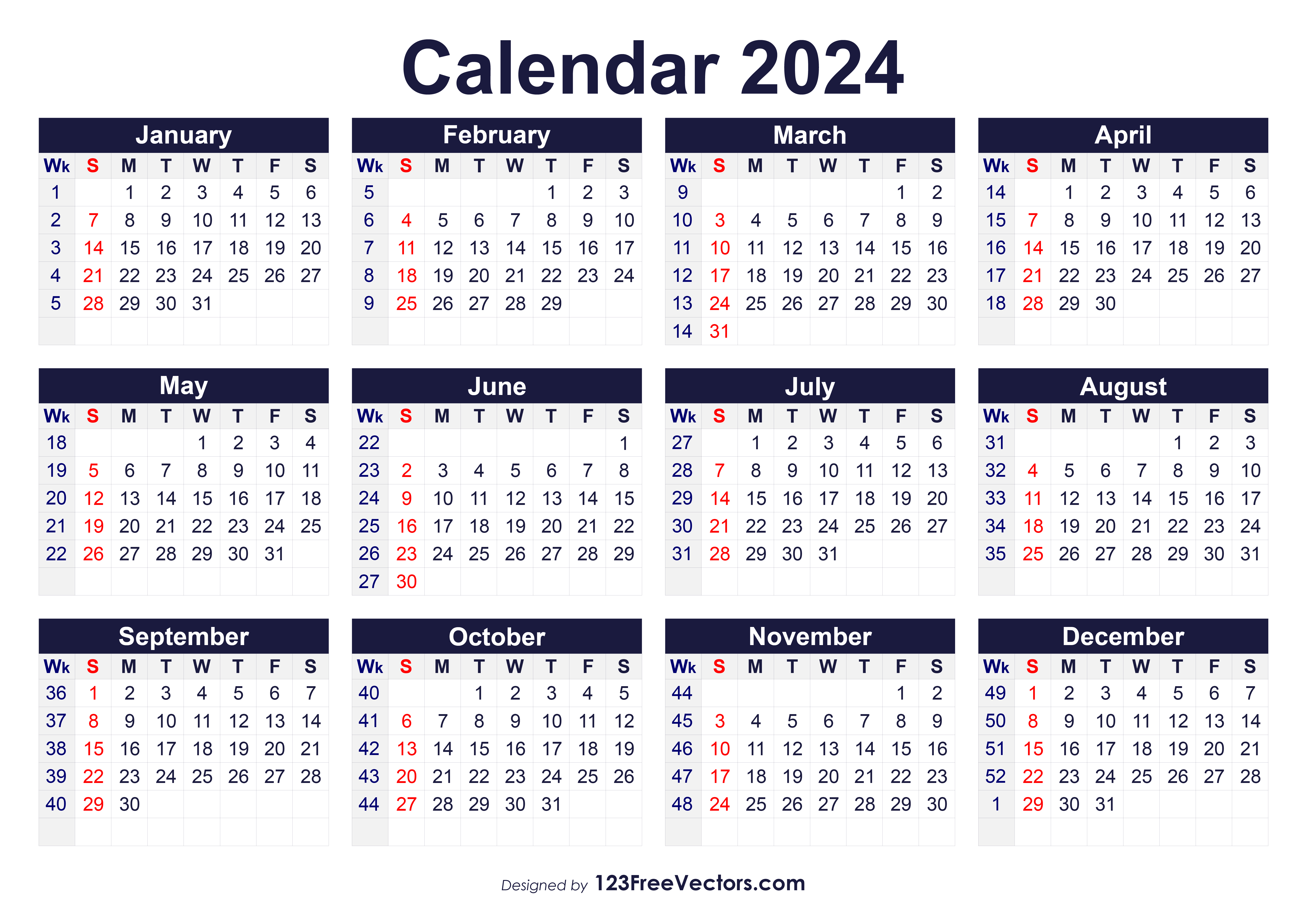 2024 Numbered Weeks Calendar Weekly Printable Liesa Pamella