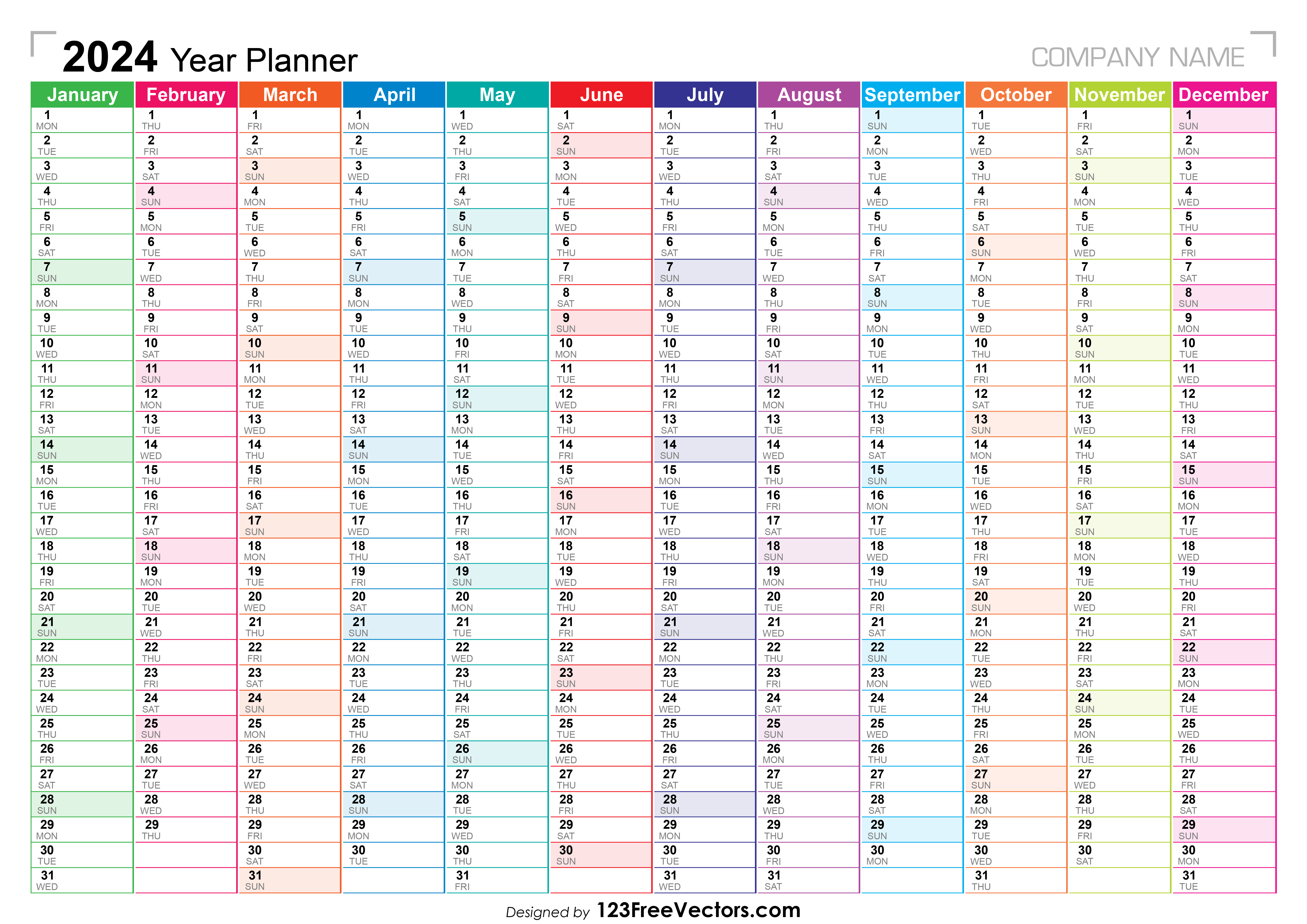 Planner Calendar for 2024. Wall Organizer, Yearly Template