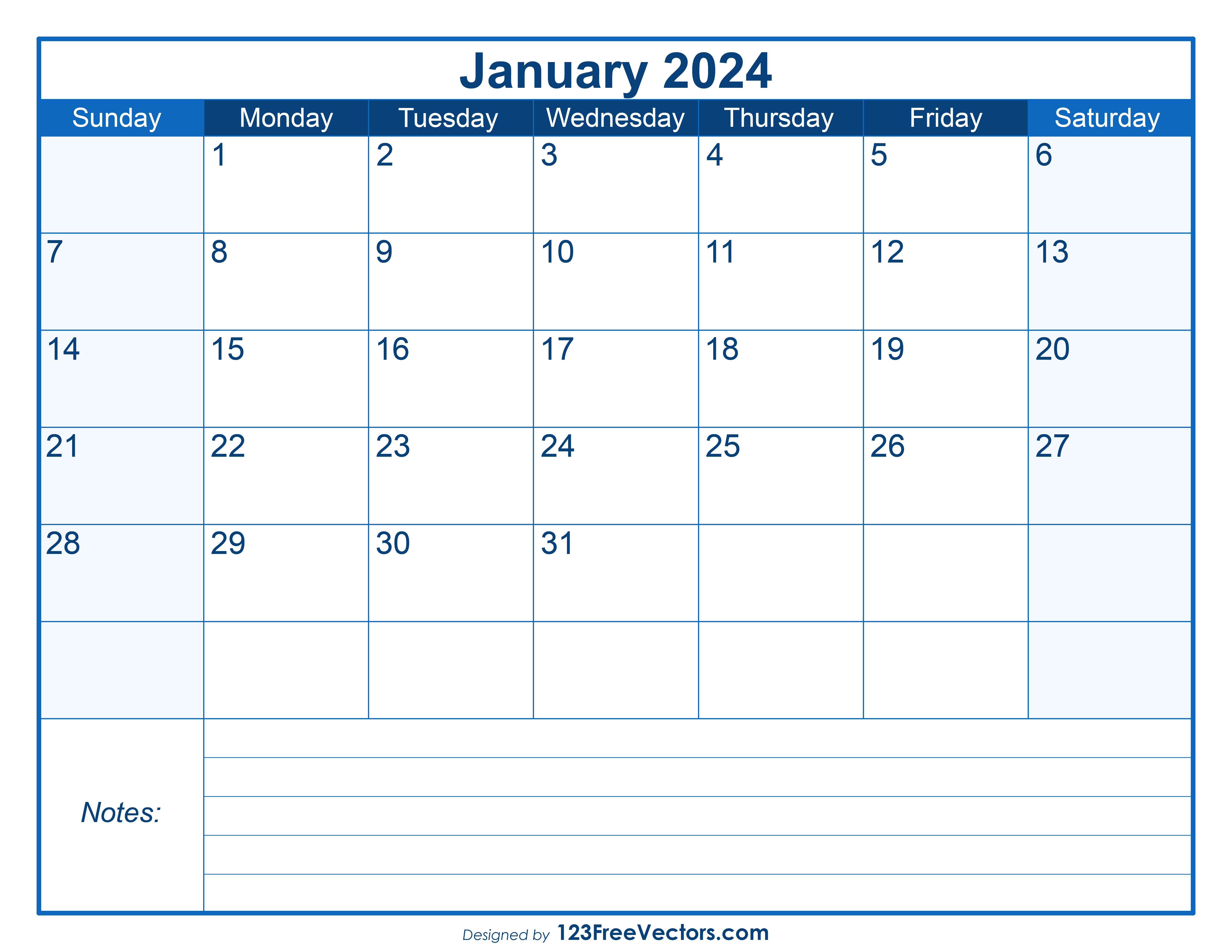 Free Free Printable January 2024 Calendar