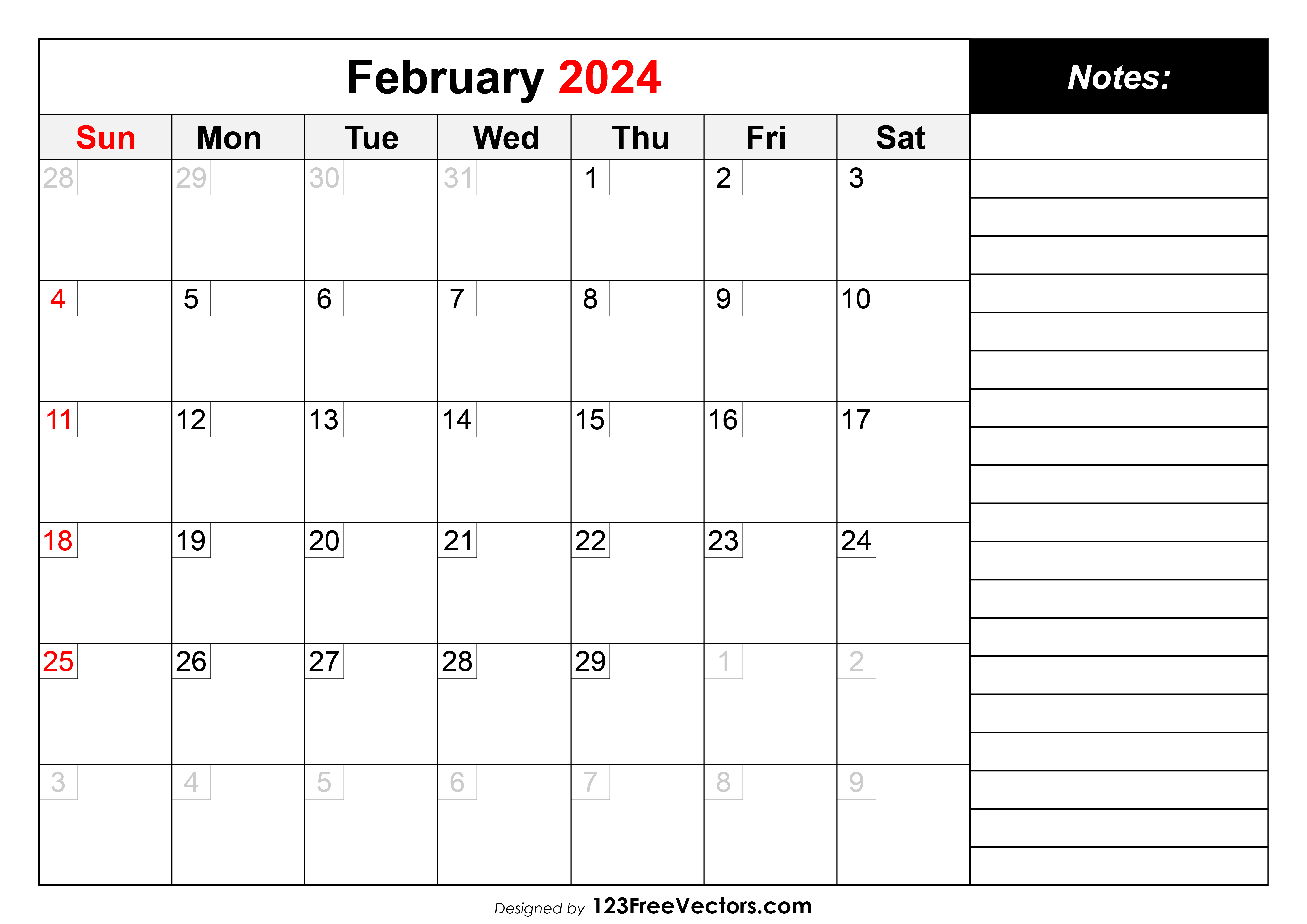 Add Reminders And Notes To My February 2024 Calendar Template Printable