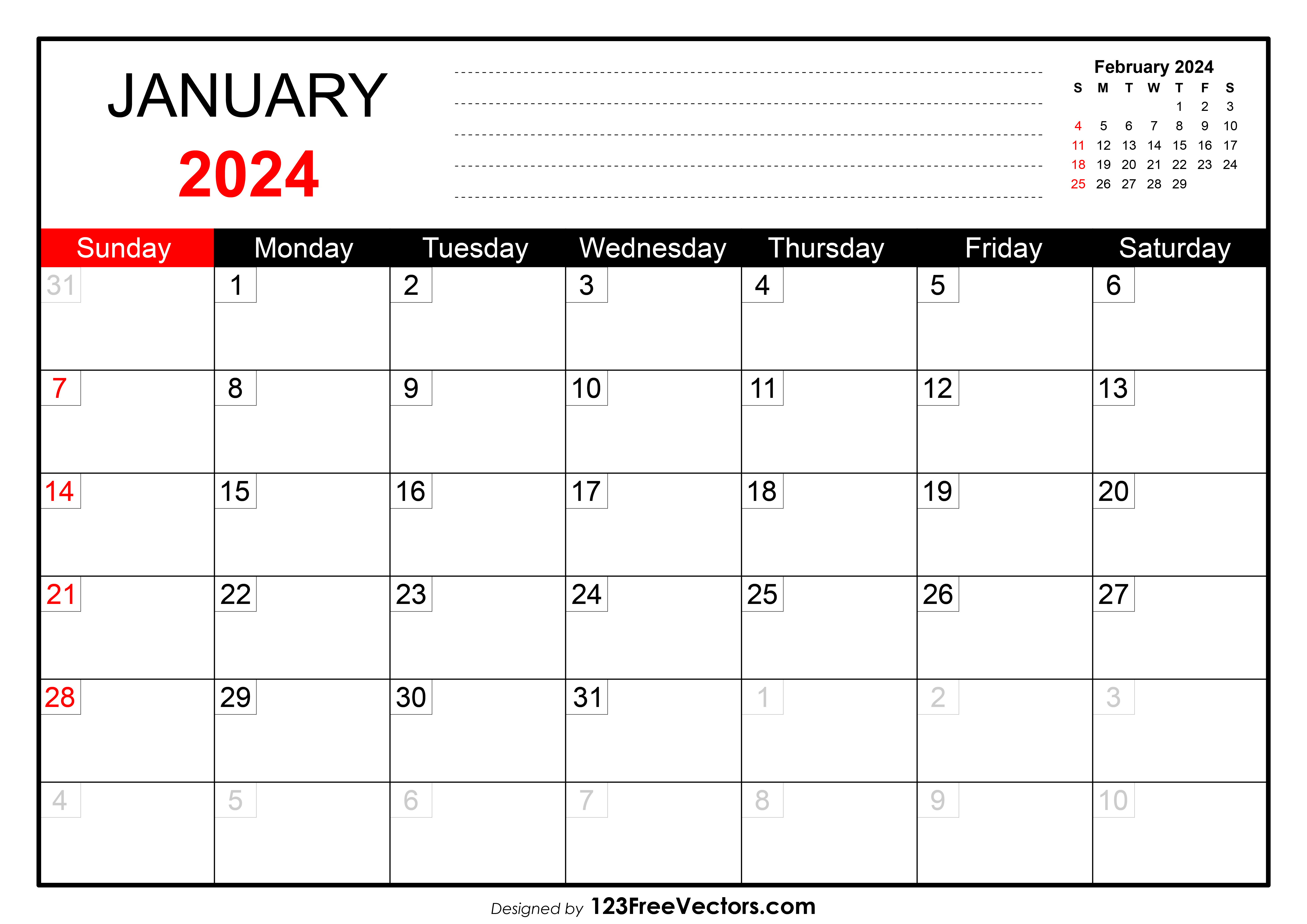 Free January 2024 Printable Calendar