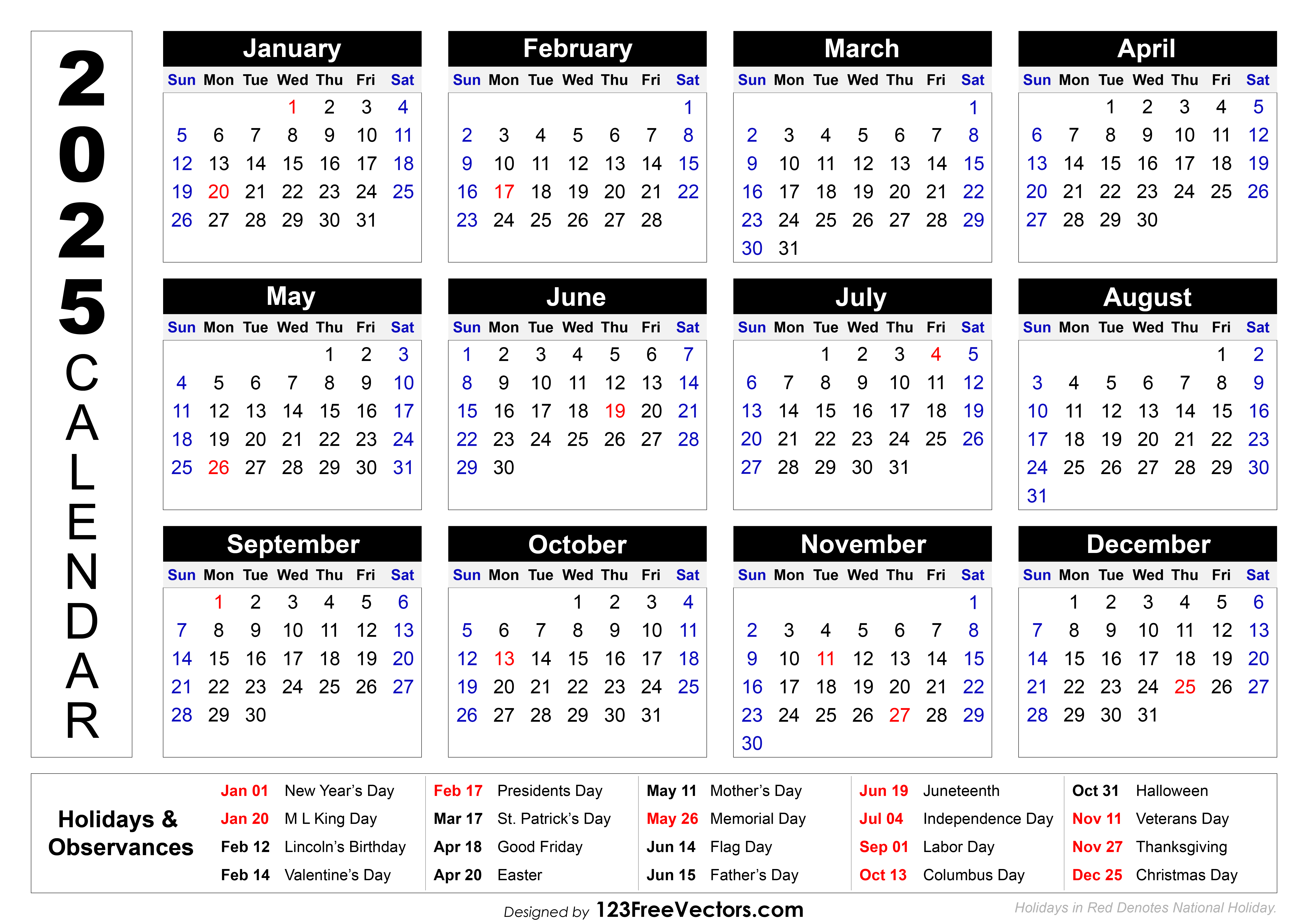 2025 Printable Calendar with Holidays