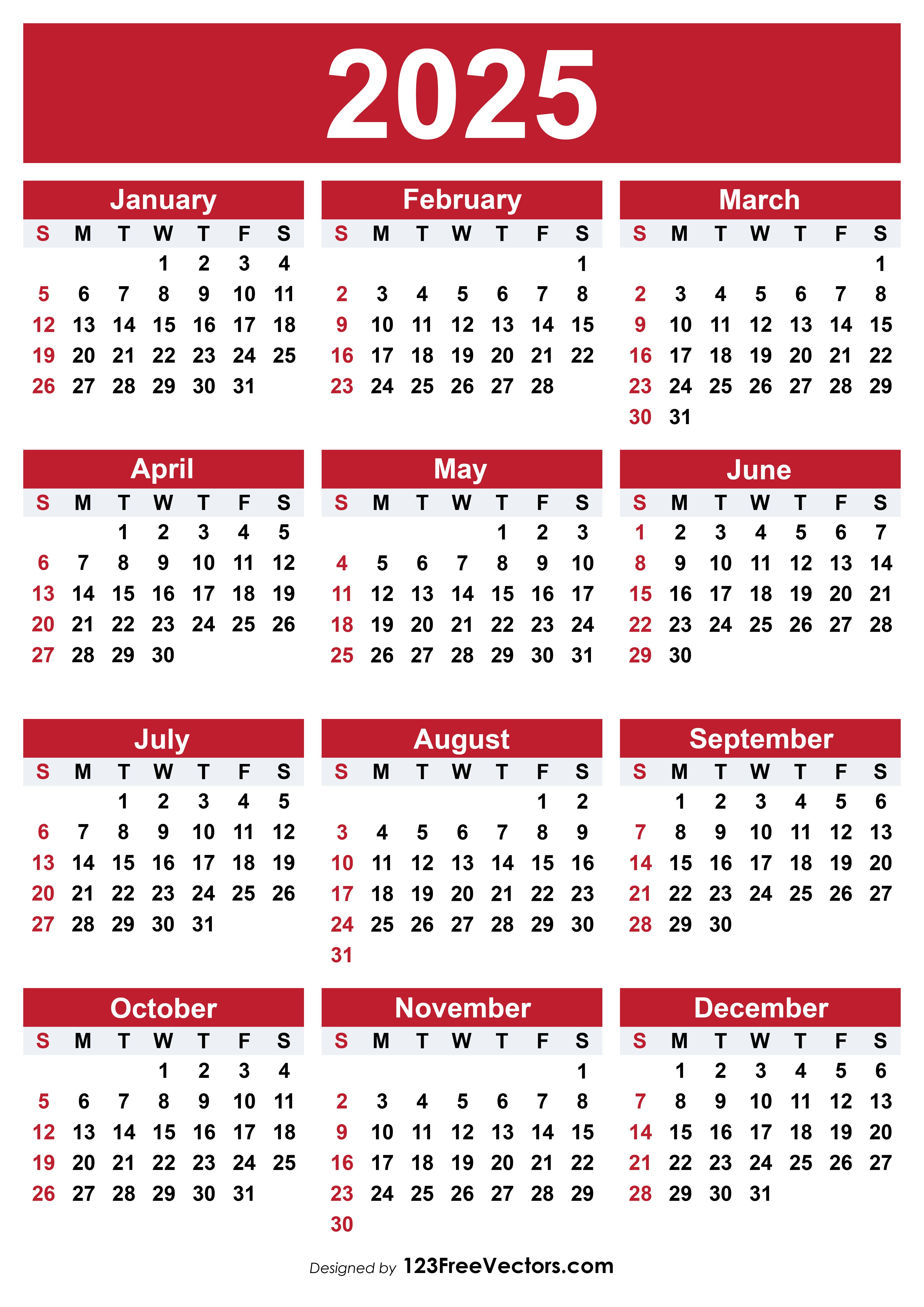 2025 Free Printable Calendar Template