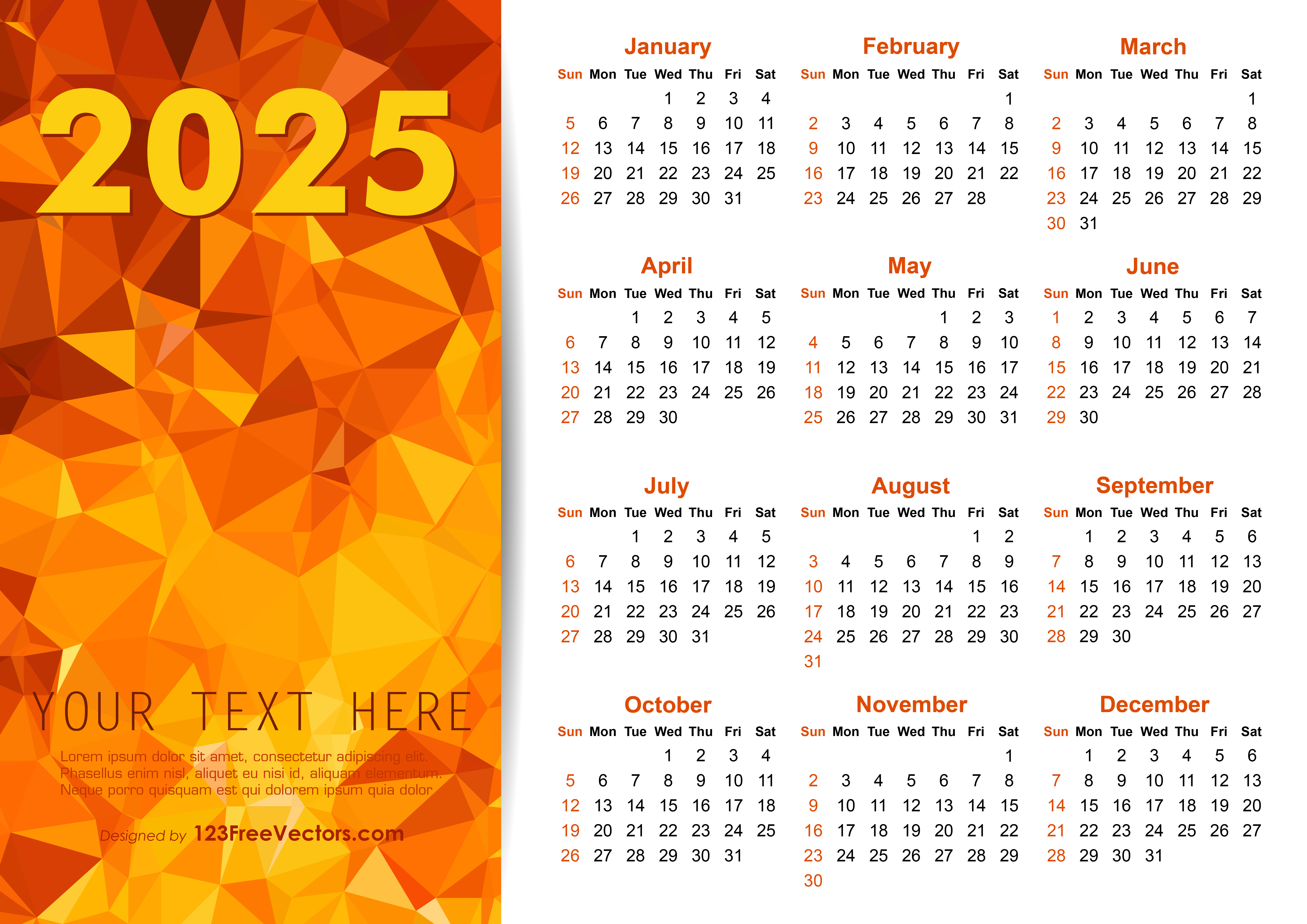 Vector Orange Polygon 2025 Calendar