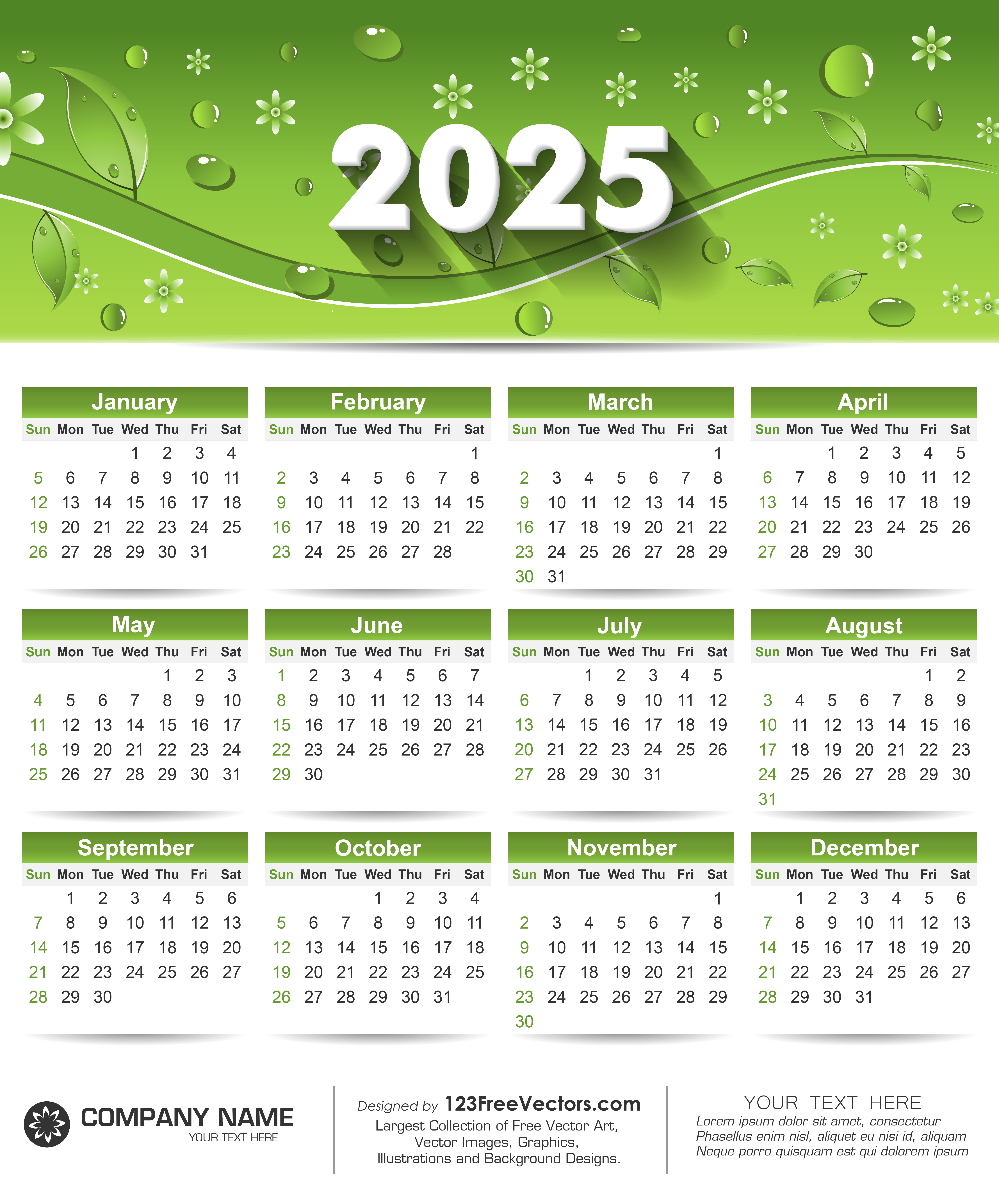 Free Printable Calendar 2025 with Green Leaves