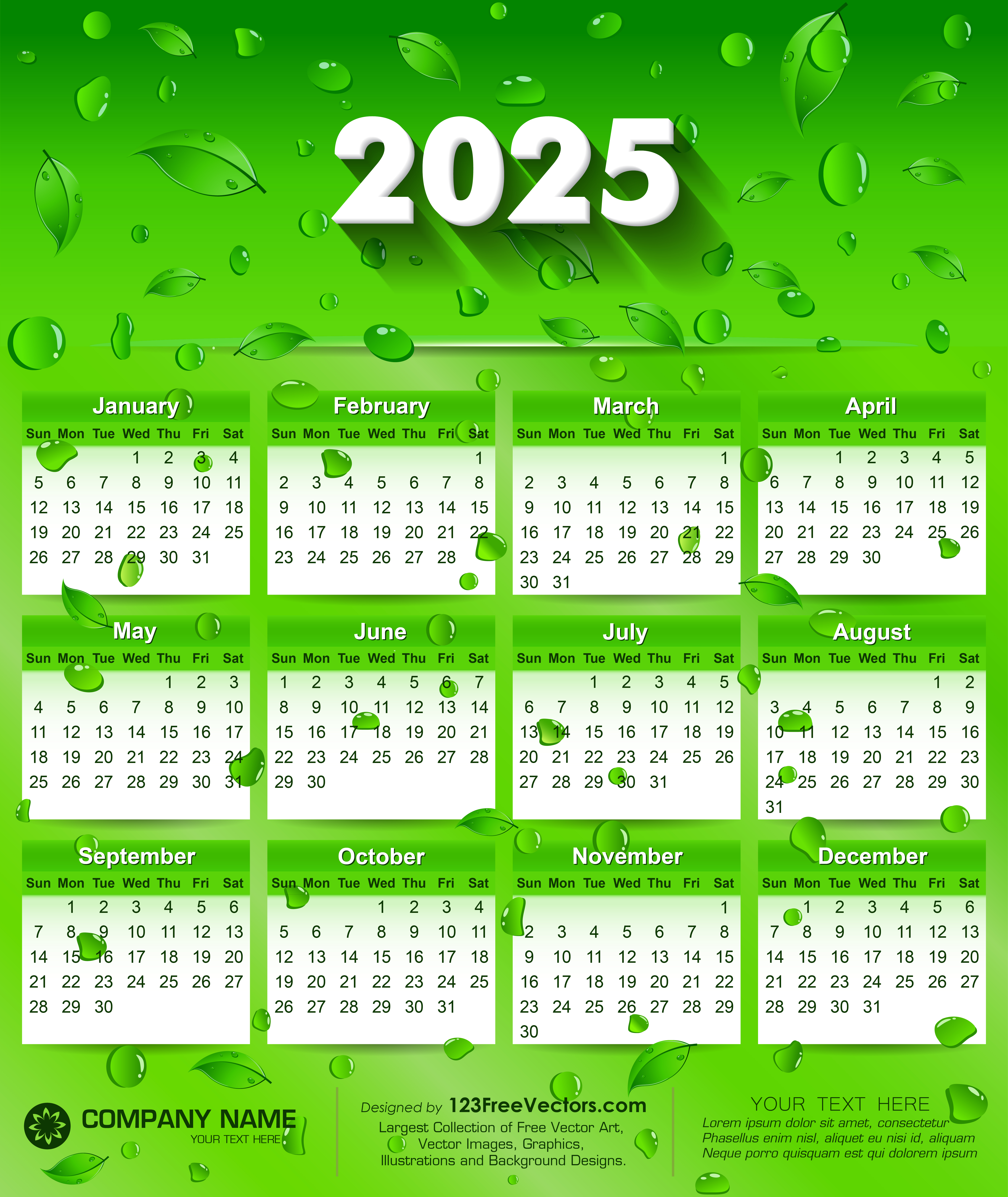 2025 Eco Green Wall Calendar Free Vector