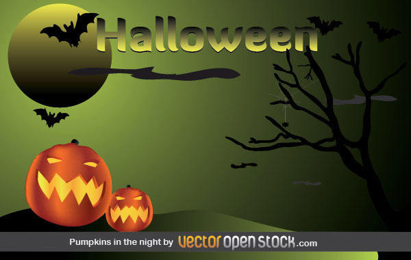Free Halloween Postcard with Pumpkins, Bats, Moon and Dead Tree
